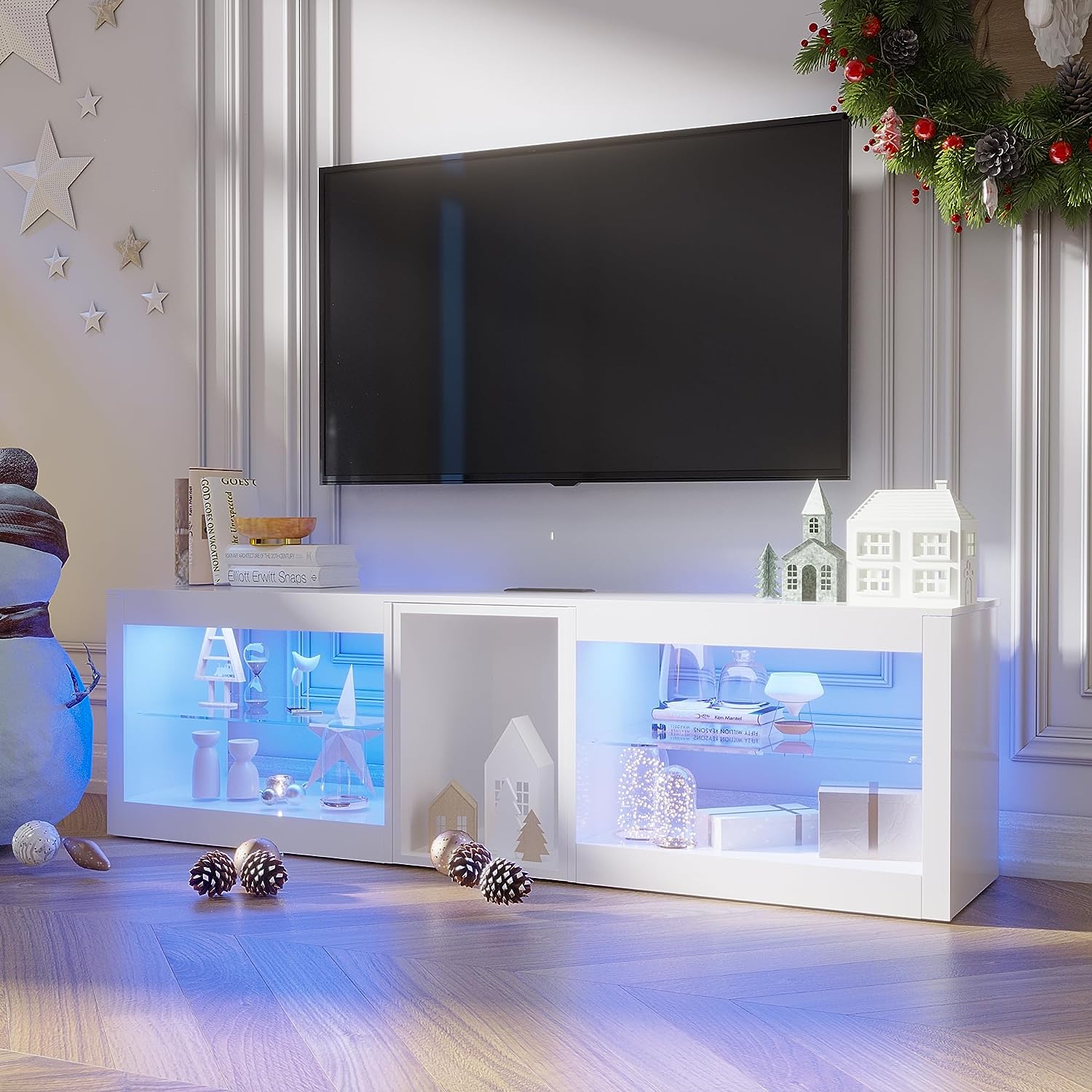 ChVans Modern LED TV Stand for TVs up to 70" with Adjustable LED Lights/Outlet, High Gloss Entertainment Center with Open Shelves Storage, Media Console TV Stands for Living Room, Game room, Bedroom