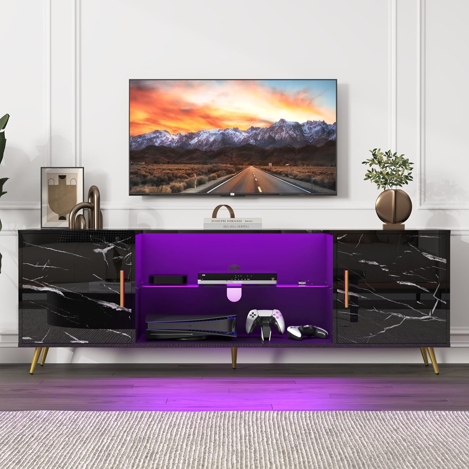 ChVans TV Stand for 80 inch TV with LED Lights, High Gloss Entertainment Center Media Console with Large Storage, LED TV Stand for Living Room, Bedroom(Marble Black)