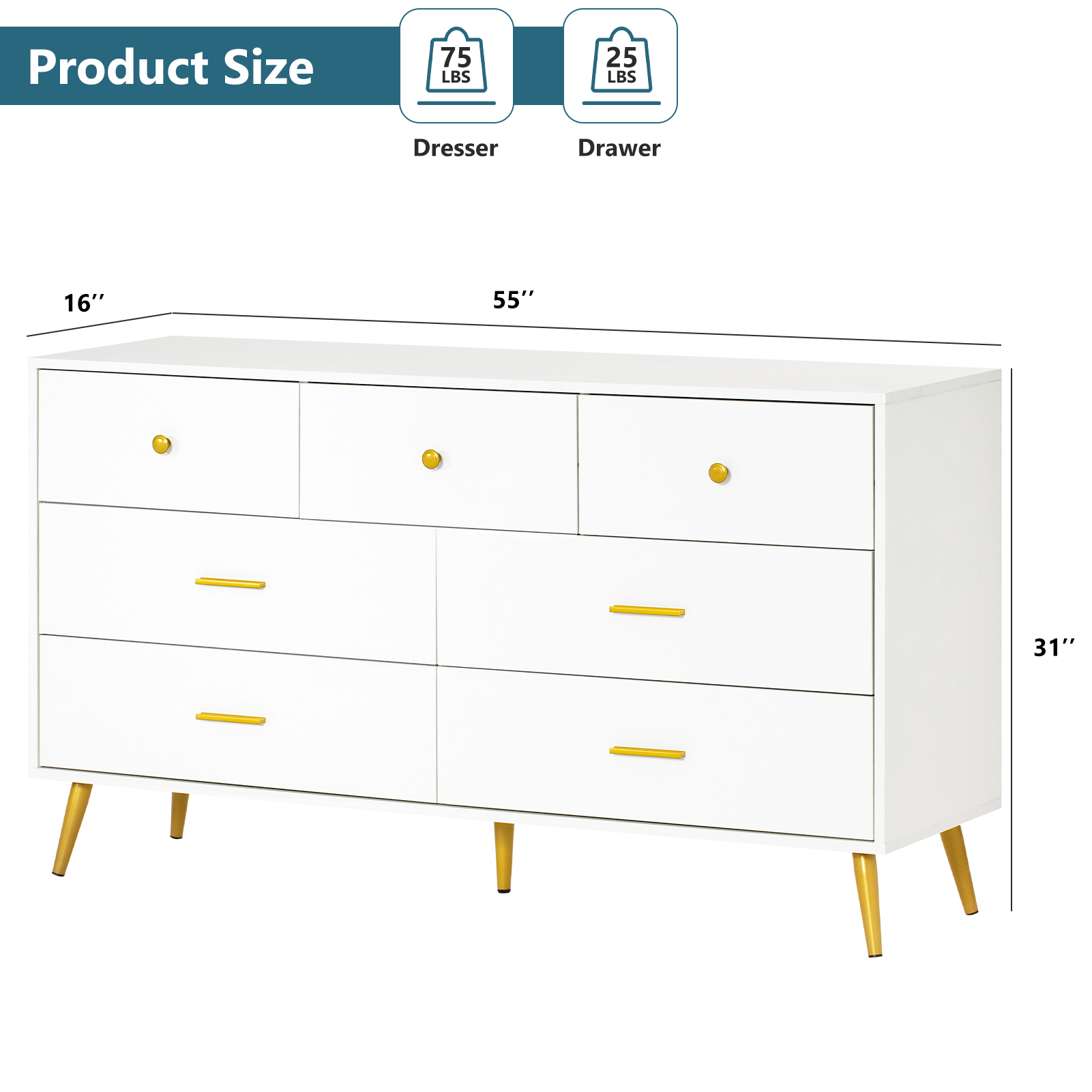 6 Drawer Dresser for Bedroom, Modern Wood Dresser with Wide Drawers and Metal Handles, Storage Chest of Drawers for Living Room Hallway Entryway