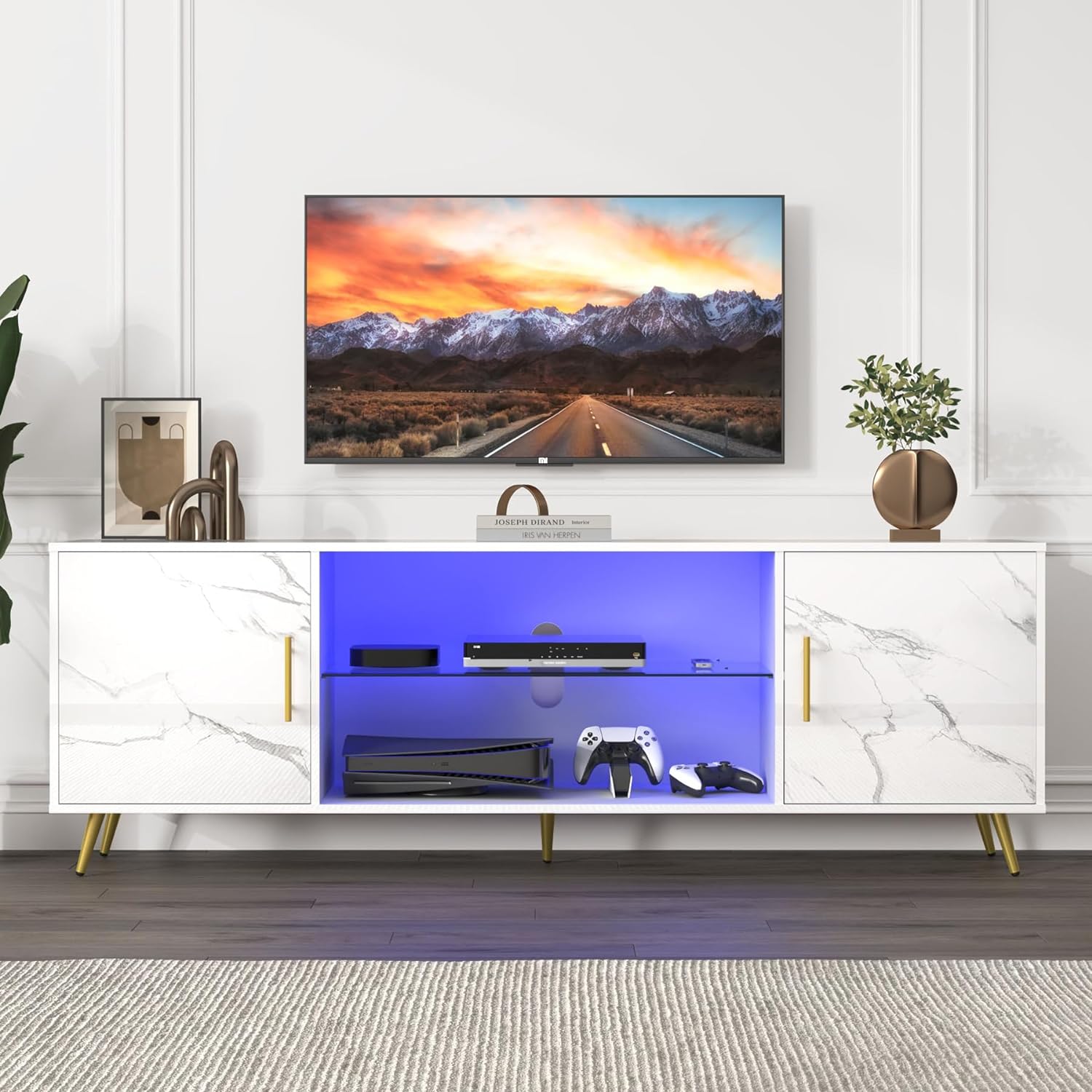 ChVans TV Stand for 80 inch TV with LED Lights, High Gloss Entertainment Center Media Console with Large Storage, LED TV Stand for Living Room, Bedroom(Marble Black)