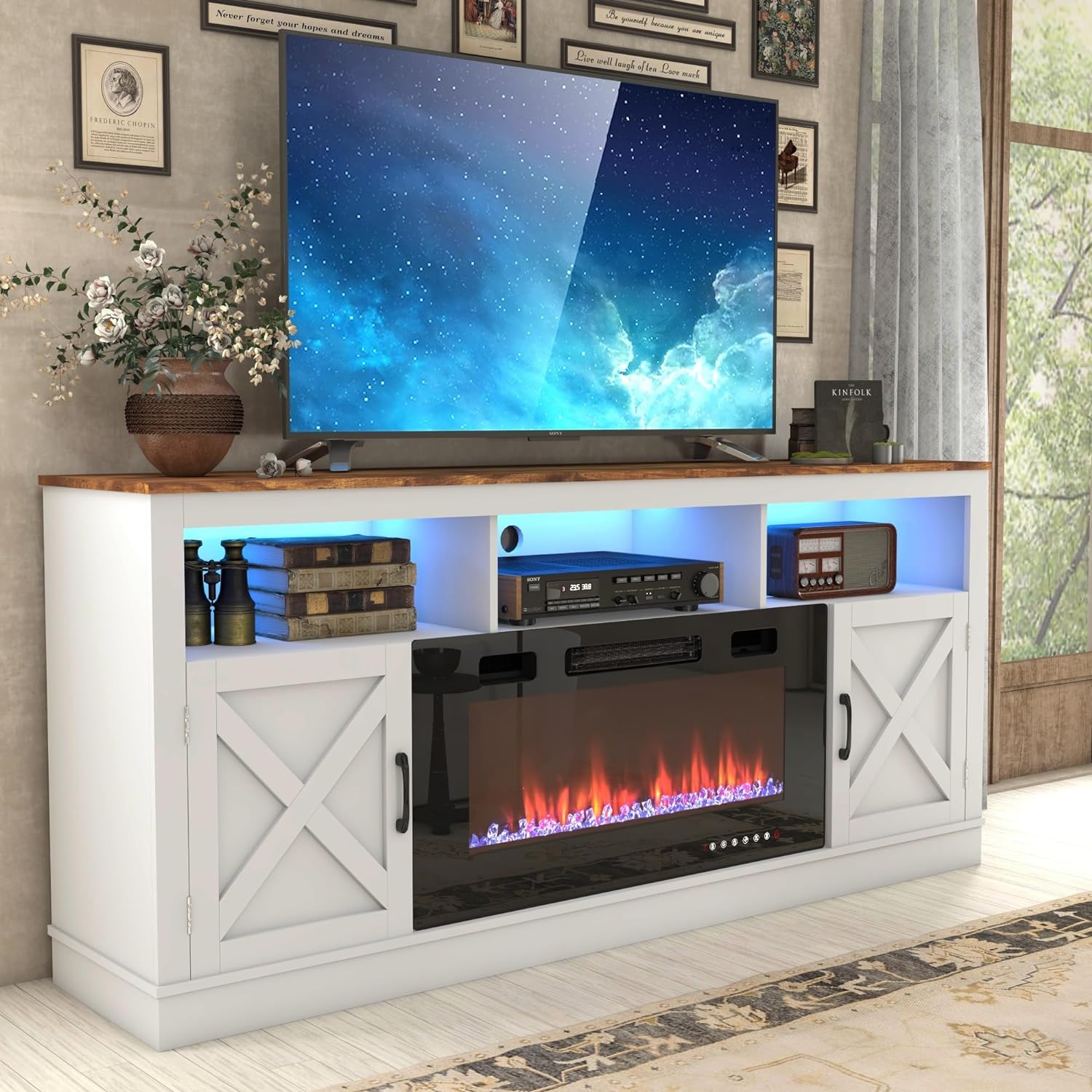 Fireplace TV Stand for 70/75/80 Inch TV with 36" Electric Fireplace, 70" Farmhouse Entertainment Center with LED Lights, Tall Media Console with Barn Door for Living Room, Bedroom
