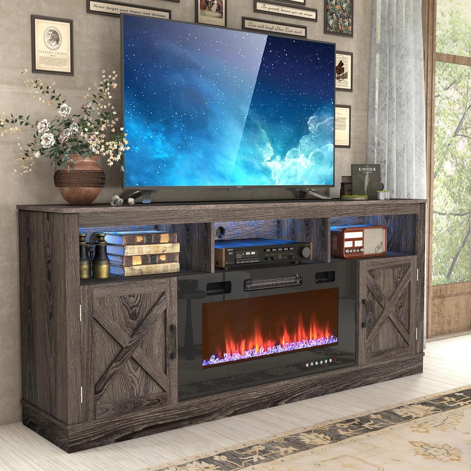 Fireplace TV Stand for 70/75/80 Inch TV with 36" Electric Fireplace, 70" Farmhouse Entertainment Center with LED Lights, Tall Media Console with Barn Door for Living Room, Bedroom