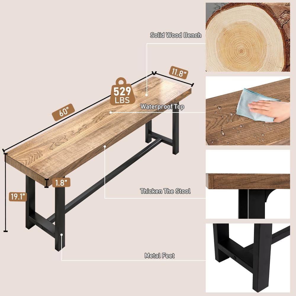 ChVans 60in Farmhouse Solid Wood Dining Bench for 2 3 4 Person, Kitchen Table Bench with Strong Metal Legs(Brown-60IN Solid Wood Bench)