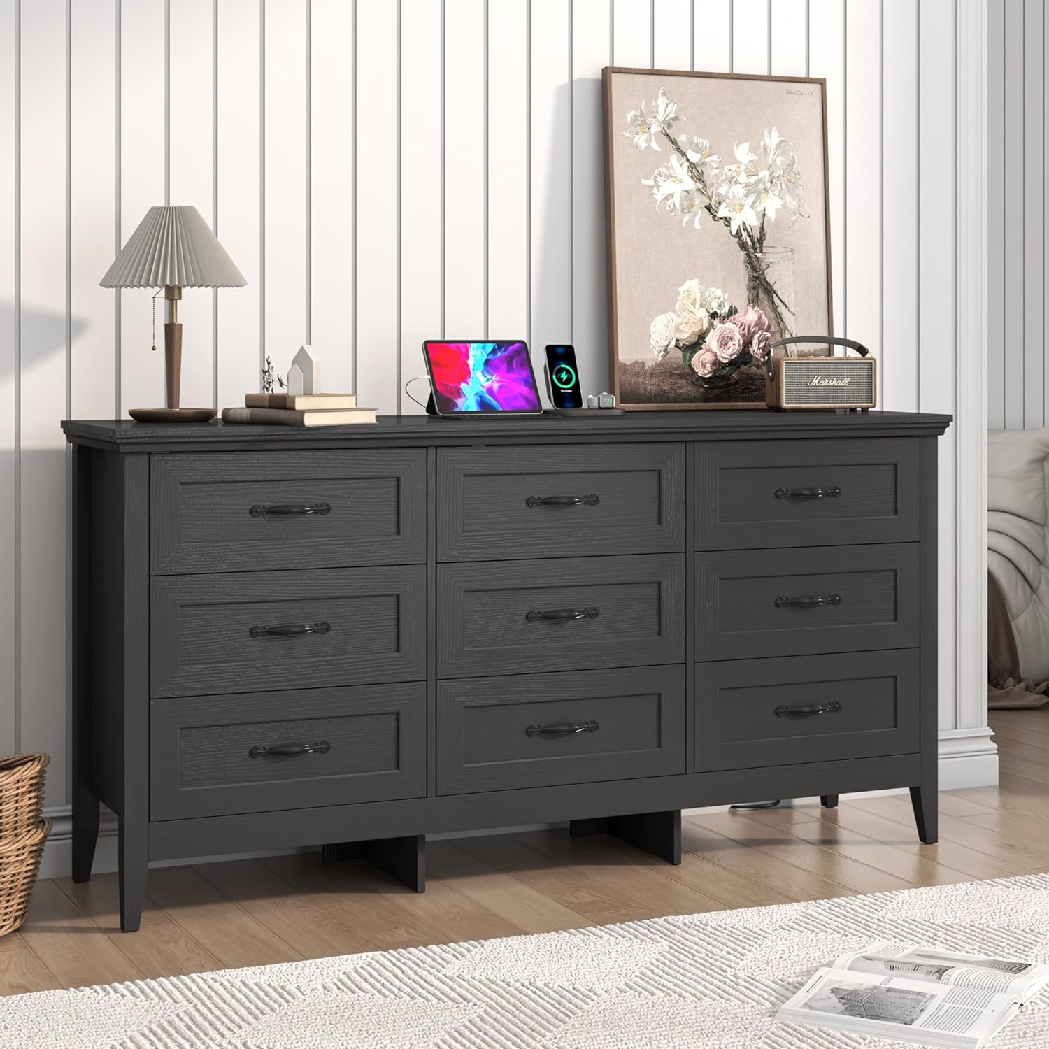 ANPOO 9 drawer dresser for Bedroom, Farmhouse Long Dresser with Charging Station and Antique Handles, Wood Chest of Drawers for Living Room, Entryway, Hallway, Hallway(Black)