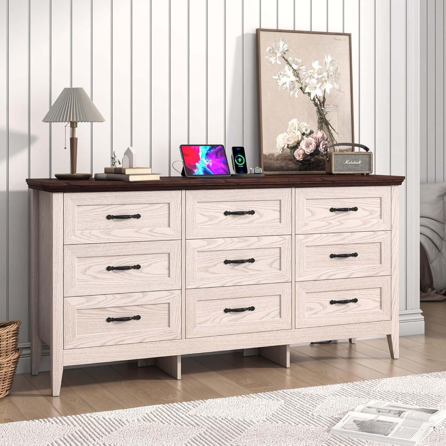 ANPOO 9 drawer dresser for Bedroom, Farmhouse Long Dresser with Charging Station and Antique Handles, Wood Chest of Drawers for Living Room, Entryway, Hallway, Hallway(Black)