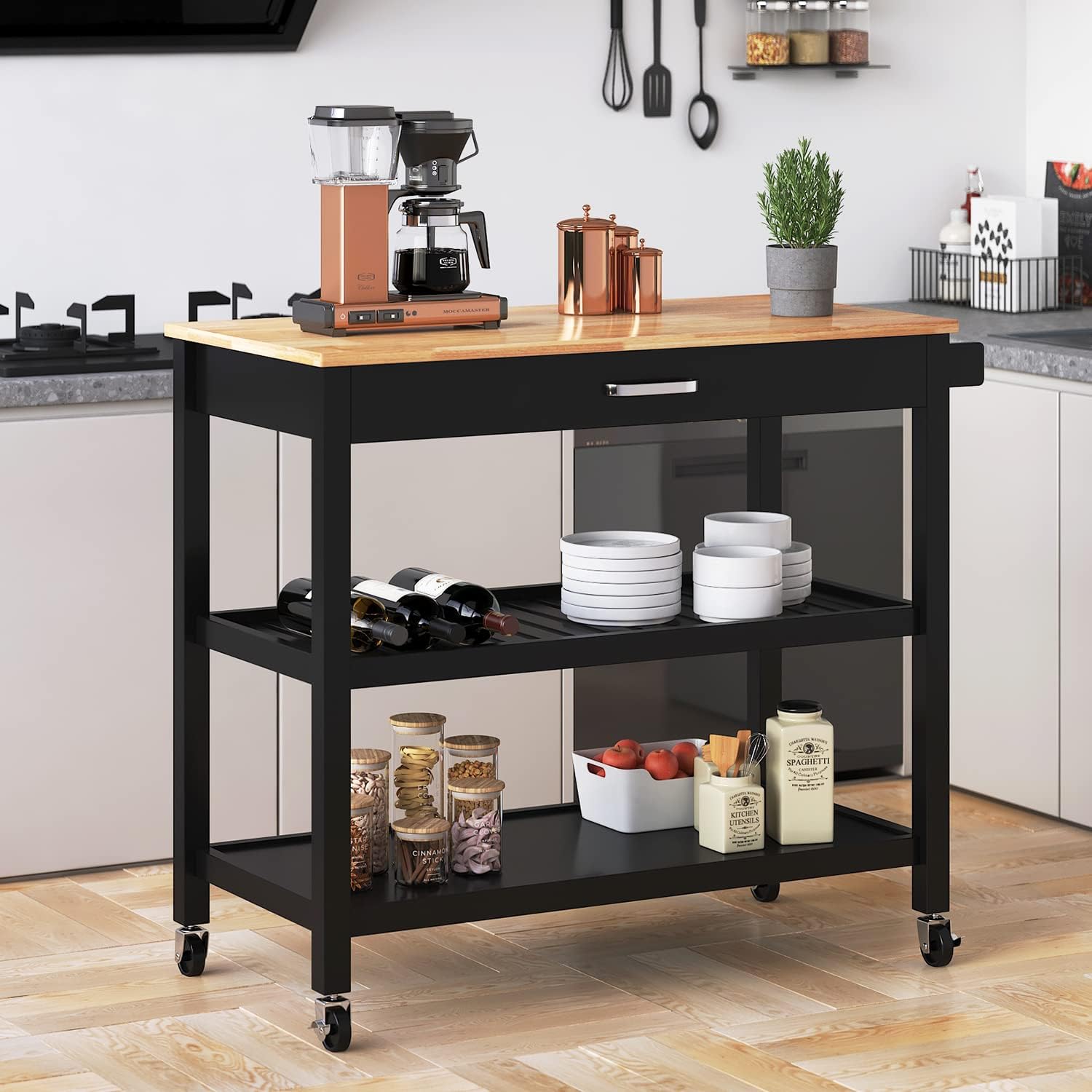 ANPOO 3 Tier Kitchen Island Carts on Wheels with Storage, Mobile Rolling Cart with Large Capacity Storage Drawers, Towel Rack, Rubber wood Top, for Kitchen and Dining Room(Black)