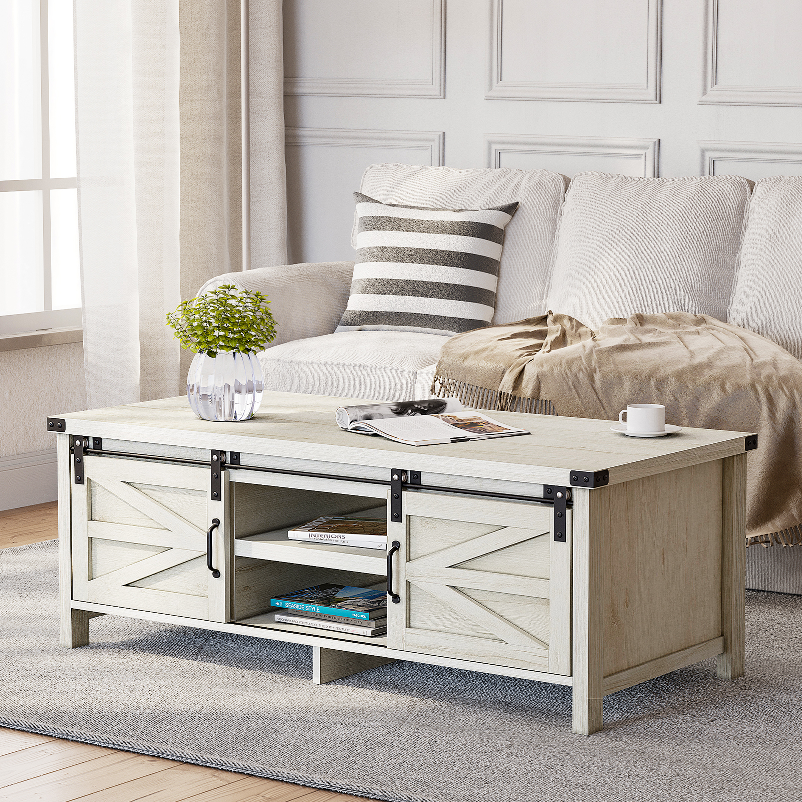 48" Modern Farmhouse Coffee Table with Adjustable Storage Cabinets Shelves, Modern Coffee Table for Living Room with Sliding Barn Door