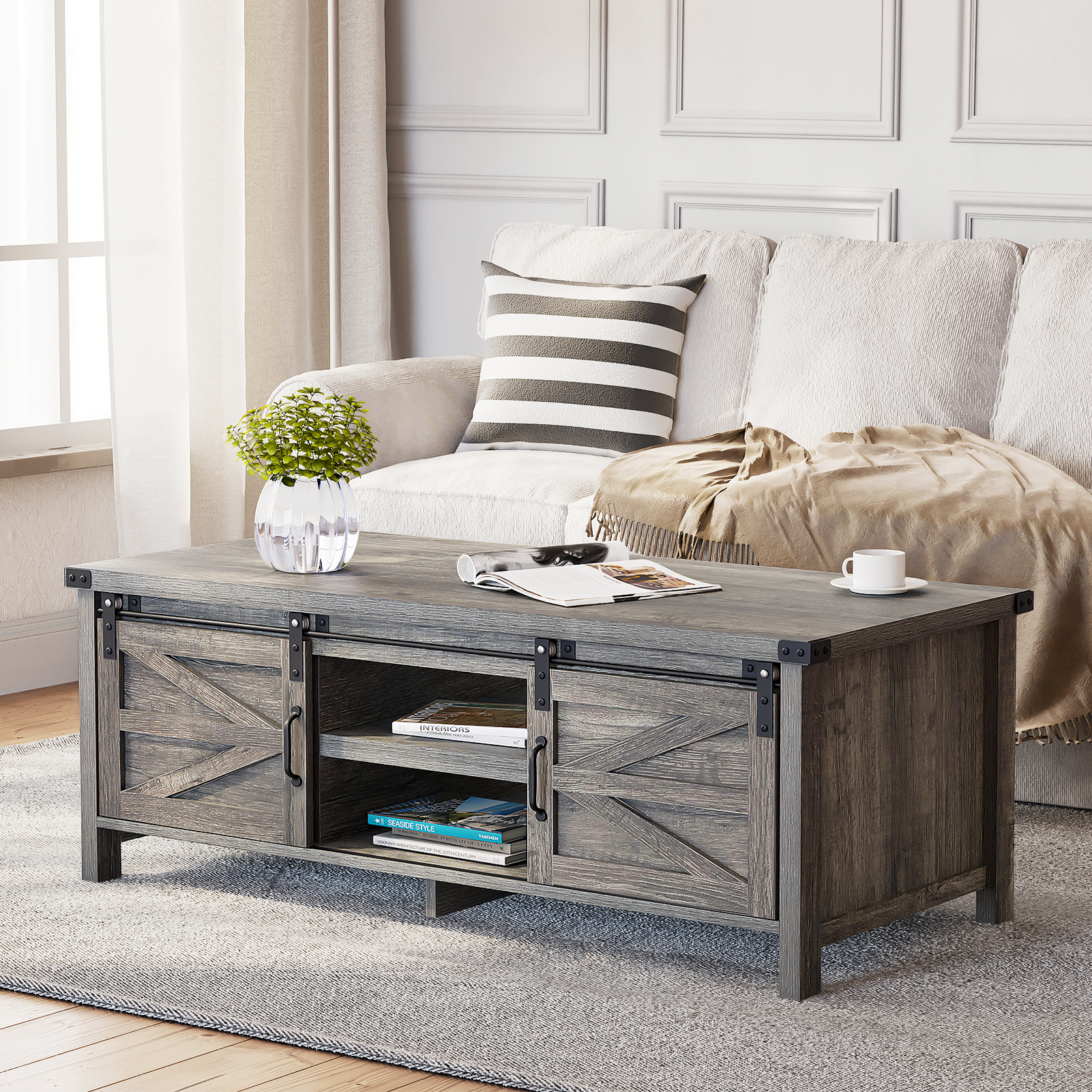 48" Modern Farmhouse Coffee Table with Adjustable Storage Cabinets Shelves, Modern Coffee Table for Living Room with Sliding Barn Door