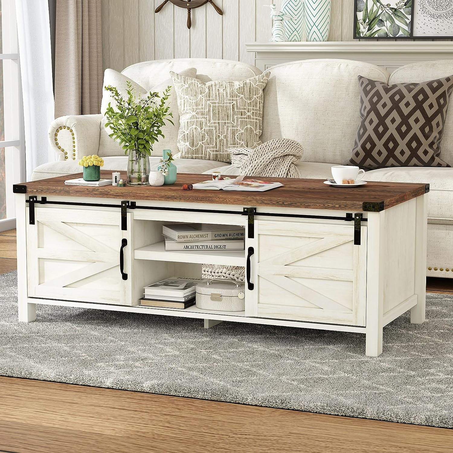 48" Modern Farmhouse Coffee Table with Adjustable Storage Cabinets Shelves, Modern Coffee Table for Living Room with Sliding Barn Door