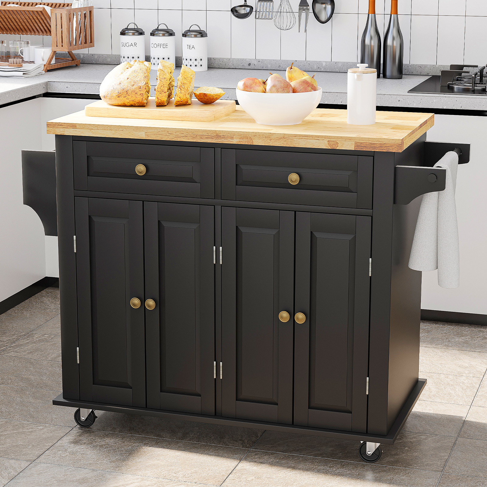 CAIDI Rolling Kitchen Island, Kitchen Cart with Rubber wood Countertop, Lockable Casters, Adjustable Shelves, Matte