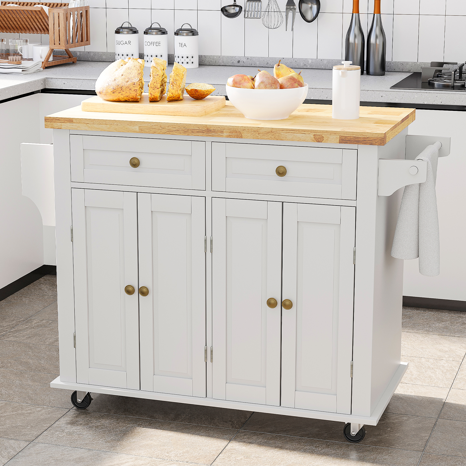 CAIDI Rolling Kitchen Island, Kitchen Cart with Rubber wood Countertop, Lockable Casters, Adjustable Shelves, Matte