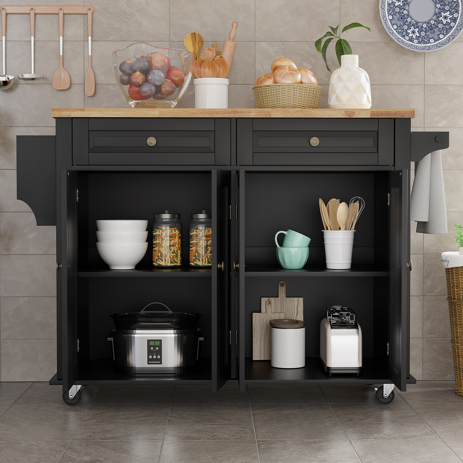 CAIDI Rolling Kitchen Island with Drop Leaf, Kitchen Cart with Rubber wood Countertop, Lockable Casters, Adjustable Shelves, Matte(Black-51.2"x29.5"x35.8")