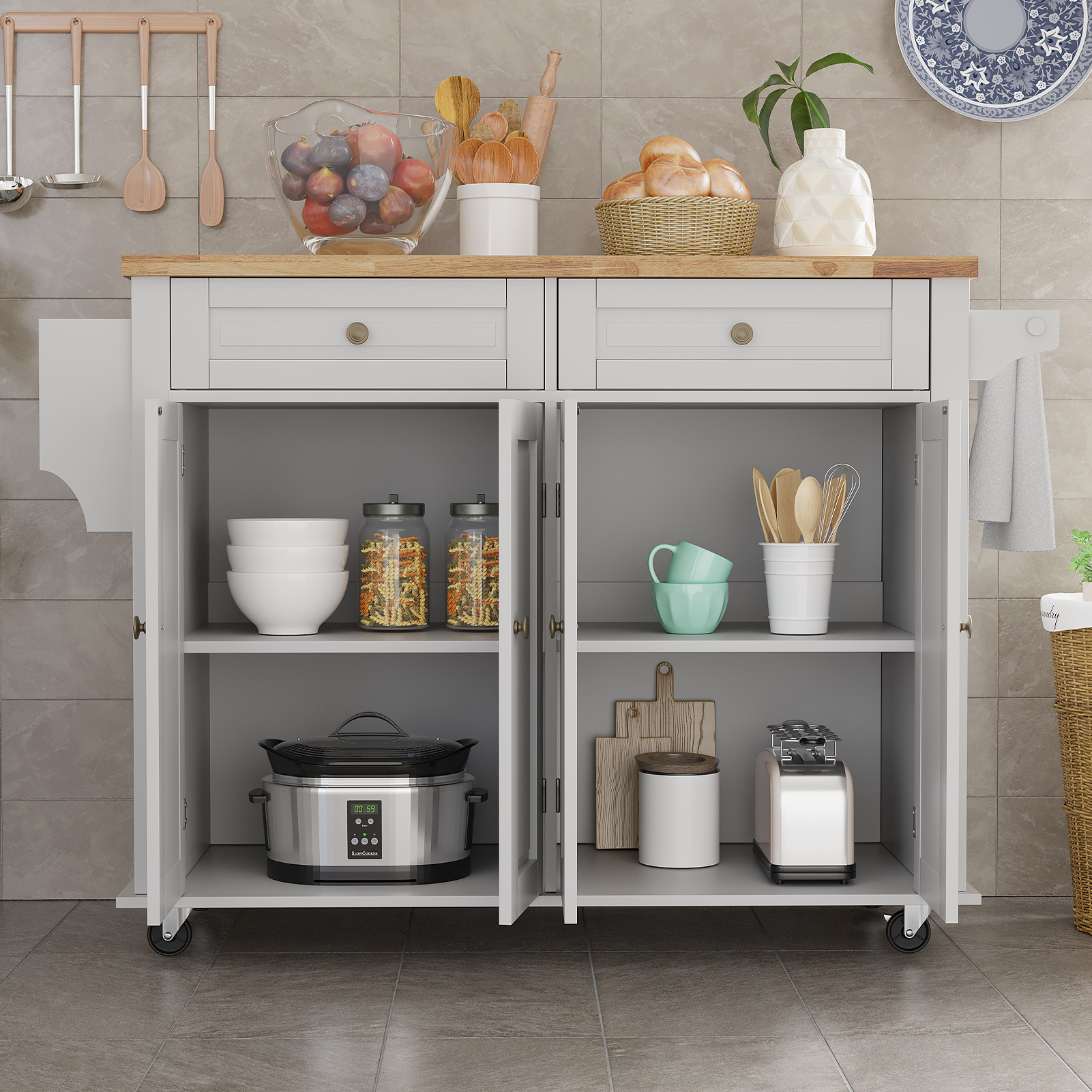 CAIDI Rolling Kitchen Island with Drop Leaf, Kitchen Cart with Rubber wood Countertop, Lockable Casters, Adjustable Shelves, Matte(Black-51.2"x29.5"x35.8")