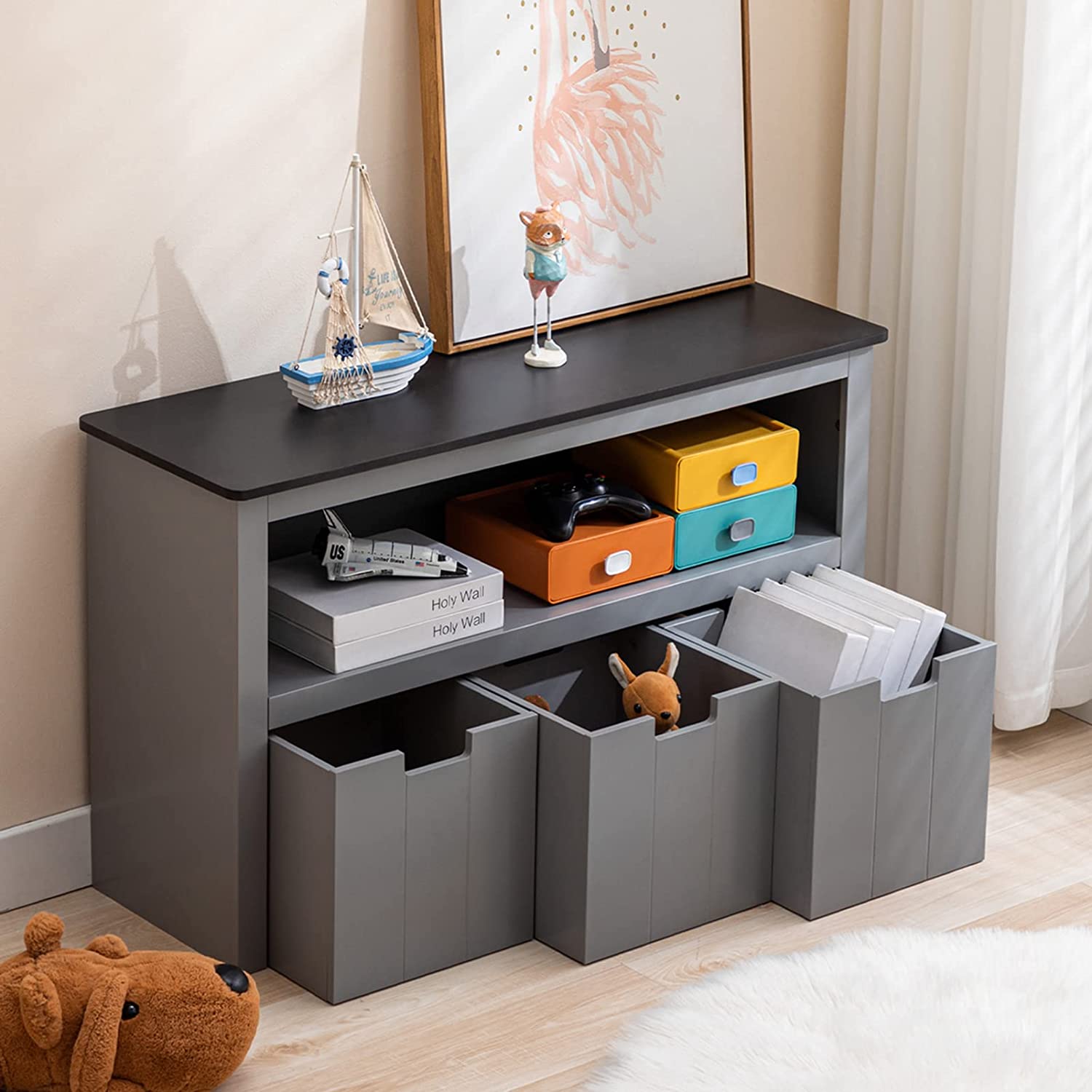 Yaoping Kids Toy Storage Organizer for Kids Room Organizers and Storage, 3 Storage Bins and Open Shelf for Playroom Storage