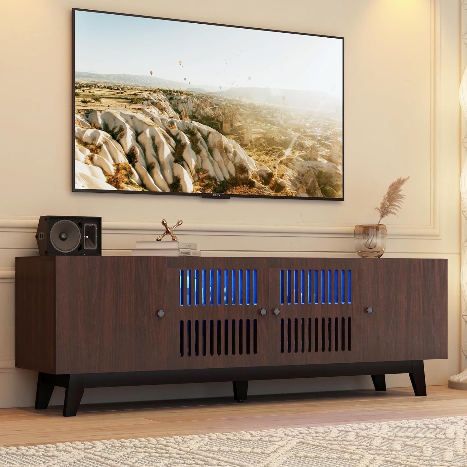 74 inch Mid-Century Modern TV Stand with LED Lights, Farmhouse TV Media Console Cabinet for TVs Up to 85 Inches, 4 Door Wood Shelf Entertainment Center with Storage, for Living Room