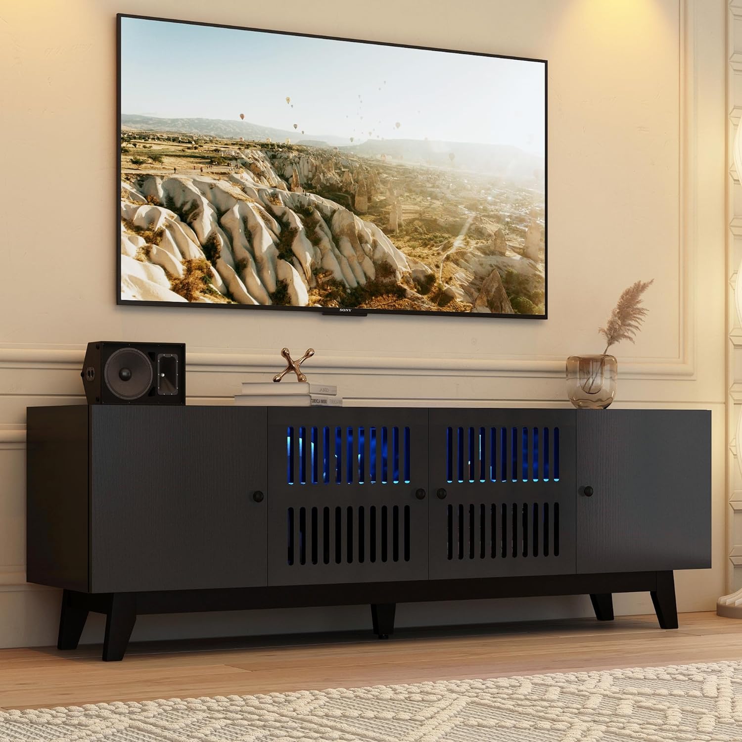 74 inch Mid-Century Modern TV Stand with LED Lights, Farmhouse TV Media Console Cabinet for TVs Up to 85 Inches, 4 Door Wood Shelf Entertainment Center with Storage, for Living Room