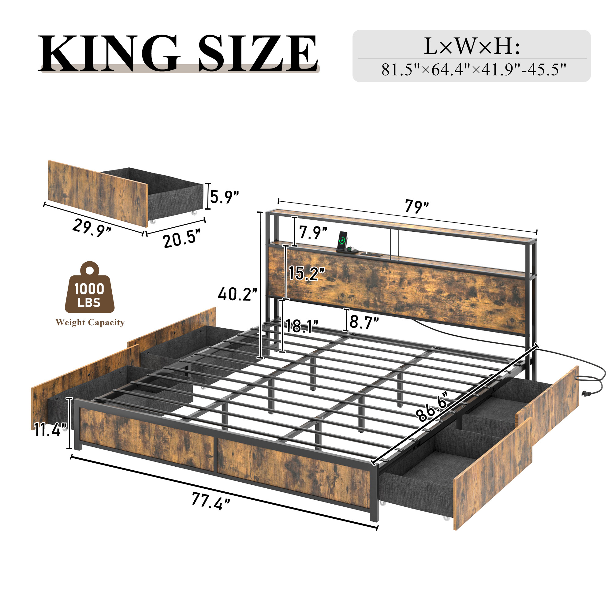 LED Bed Frame with Outlets USB Ports, Metal Platform Bed with Storage Headboard & 4 Large Drawers, No Box Spring Needed