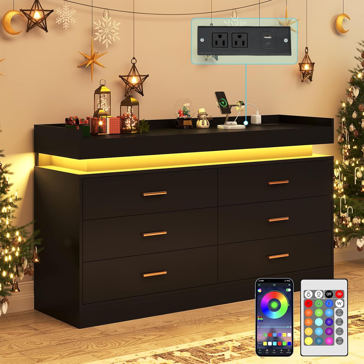 ANPOO 6 Drawer Dresser with Charging Station and LED Lights, Modern Wood Dresser with Wide Drawers and Metal Handles for Bedroom, Living Room