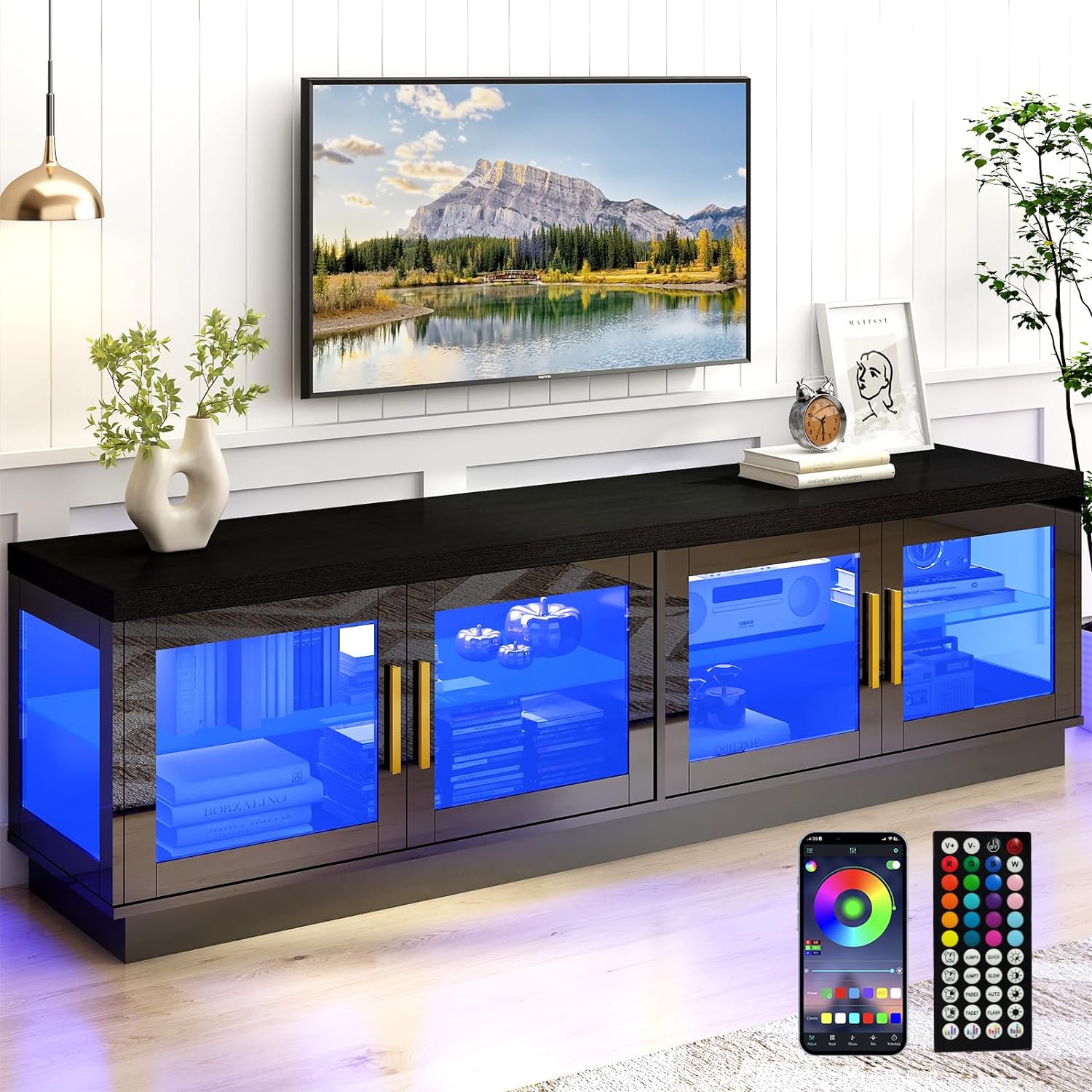 ChVans 70" TV Stand for TVs up to 85", High Glossy Entertainment Center with Storage Cabinet, Modern TV Console Media Cabinet for Living Room, Bedroom(Black)