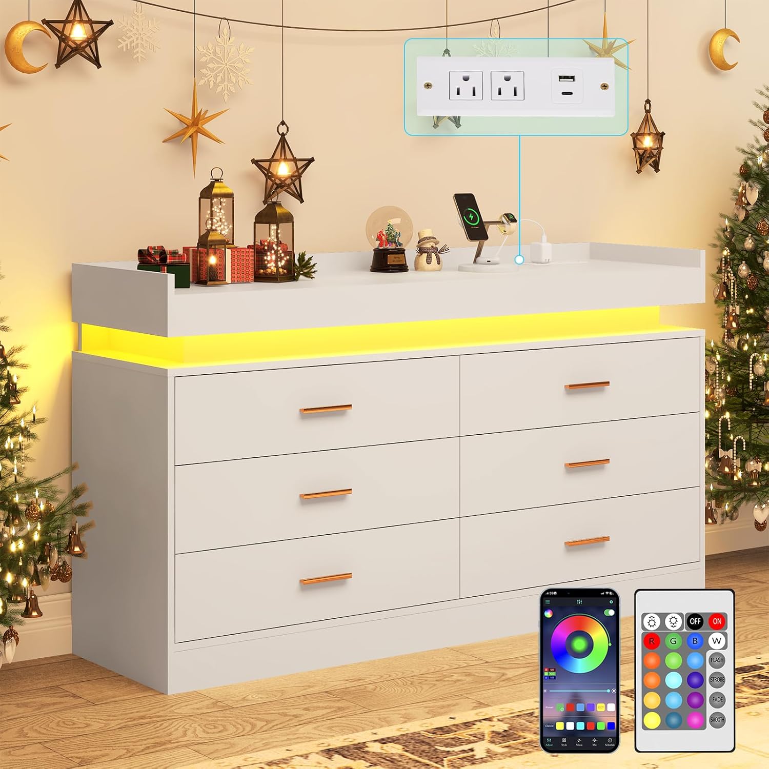 ANPOO 6 Drawer Dresser with Charging Station and LED Lights, Modern Wood Dresser with Wide Drawers and Metal Handles for Bedroom, Living Room