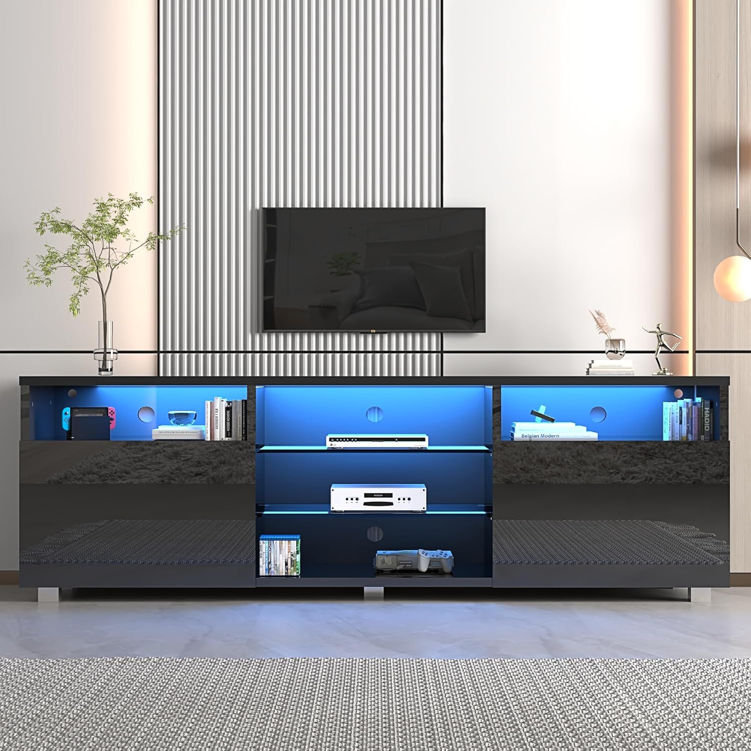 ANPOO LED TV Stand for 70/75/80 inch TV, High Glossy Entertainment Center with Drawer and Led Lights, Media Console for Living Game Room Bedroom