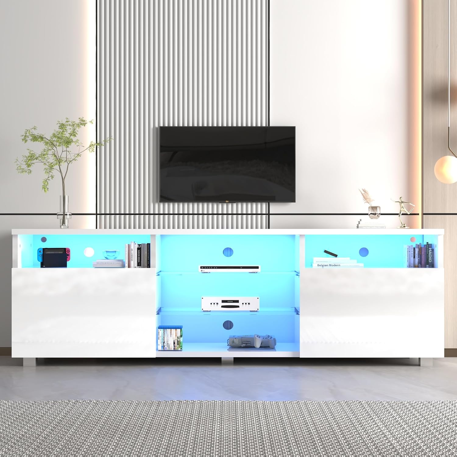 ANPOO LED TV Stand for 70/75/80 inch TV, High Glossy Entertainment Center with Drawer and Led Lights, Media Console for Living Game Room Bedroom