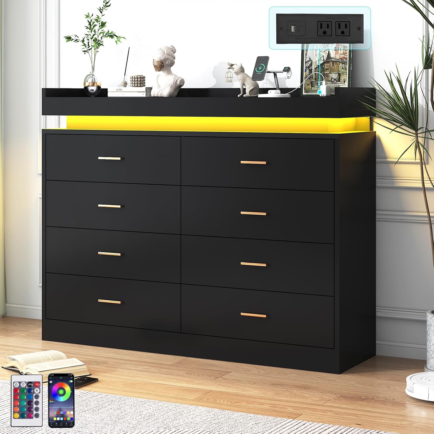 ANPOO 8 Drawer Dresser with Charging Station and LED Lights, Modern Wood Dresser with Wide Drawers and Metal Handles for Bedroom, Living Room