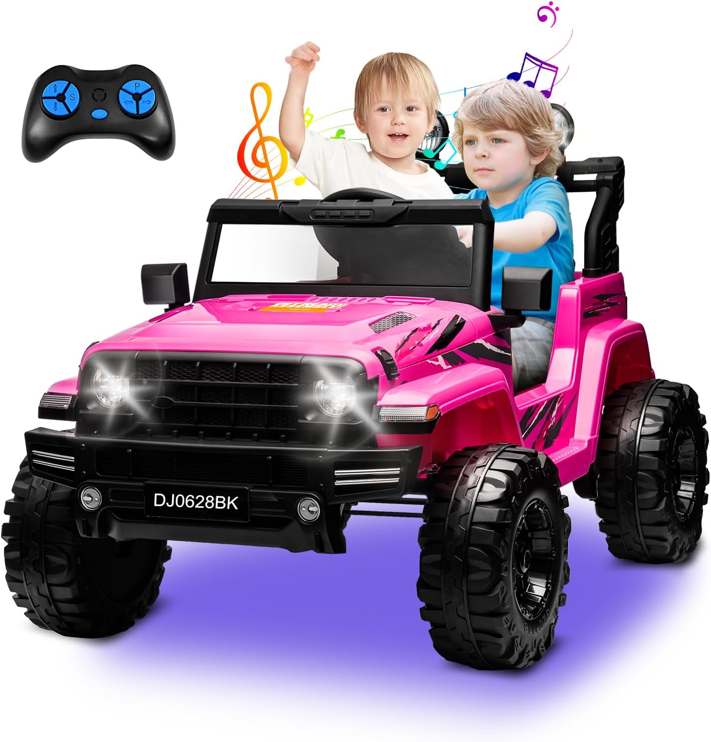 24V Kids Electric Ride on Car, 2-Seat Battery Powered Toy with LED Lights and Remote Control, Battery Powered Wheels Truck with USB Ports, MP3 Player, for Boys, Girls