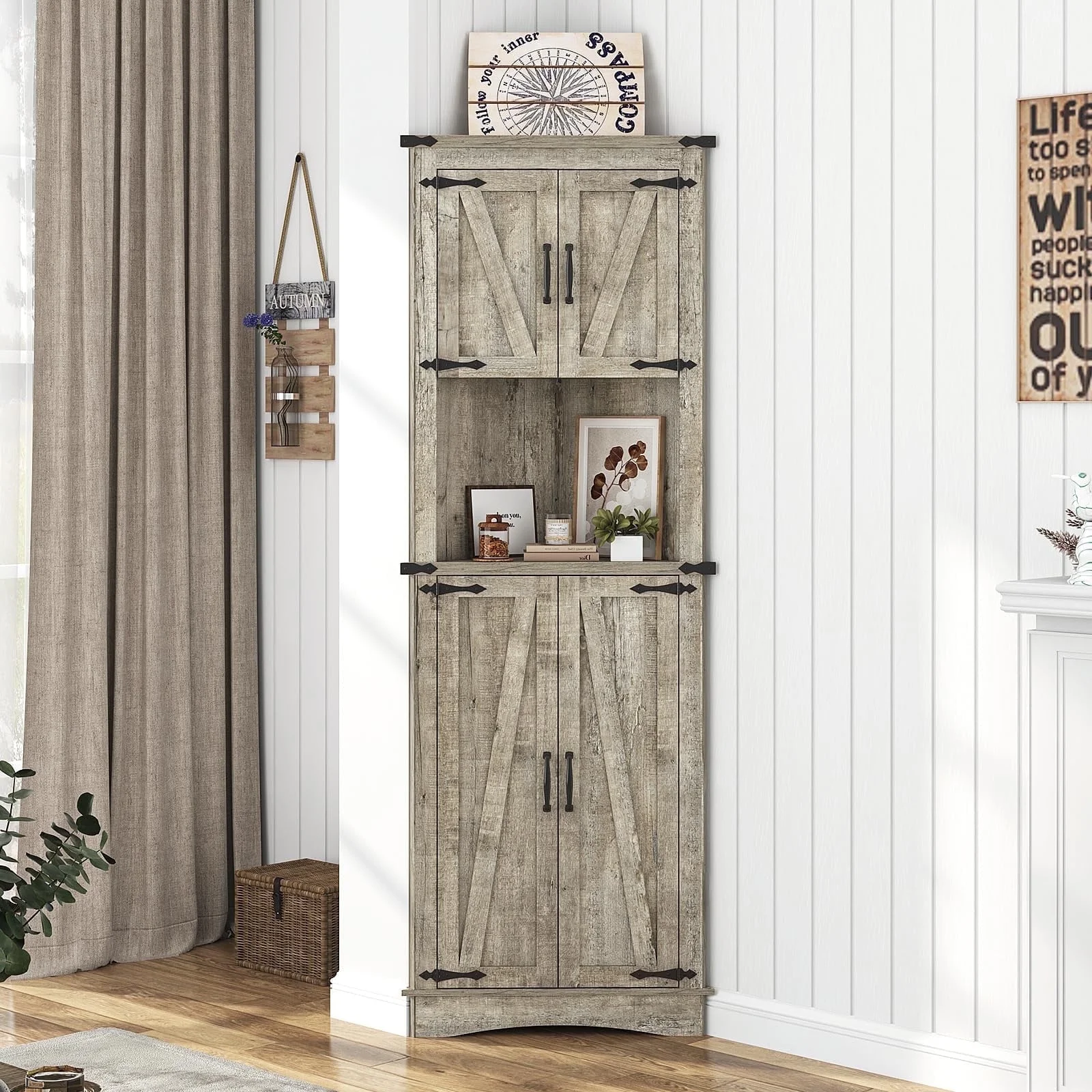 ChVans Farmhouse 68" Tall Corner Cabinet w/4 Barn Doors, 5 Tier Bookcase Storage Cabinet with Adjustable Shelves, Corner Storage Cabinet for Bathroom,Living Room,Kitchen, Brown