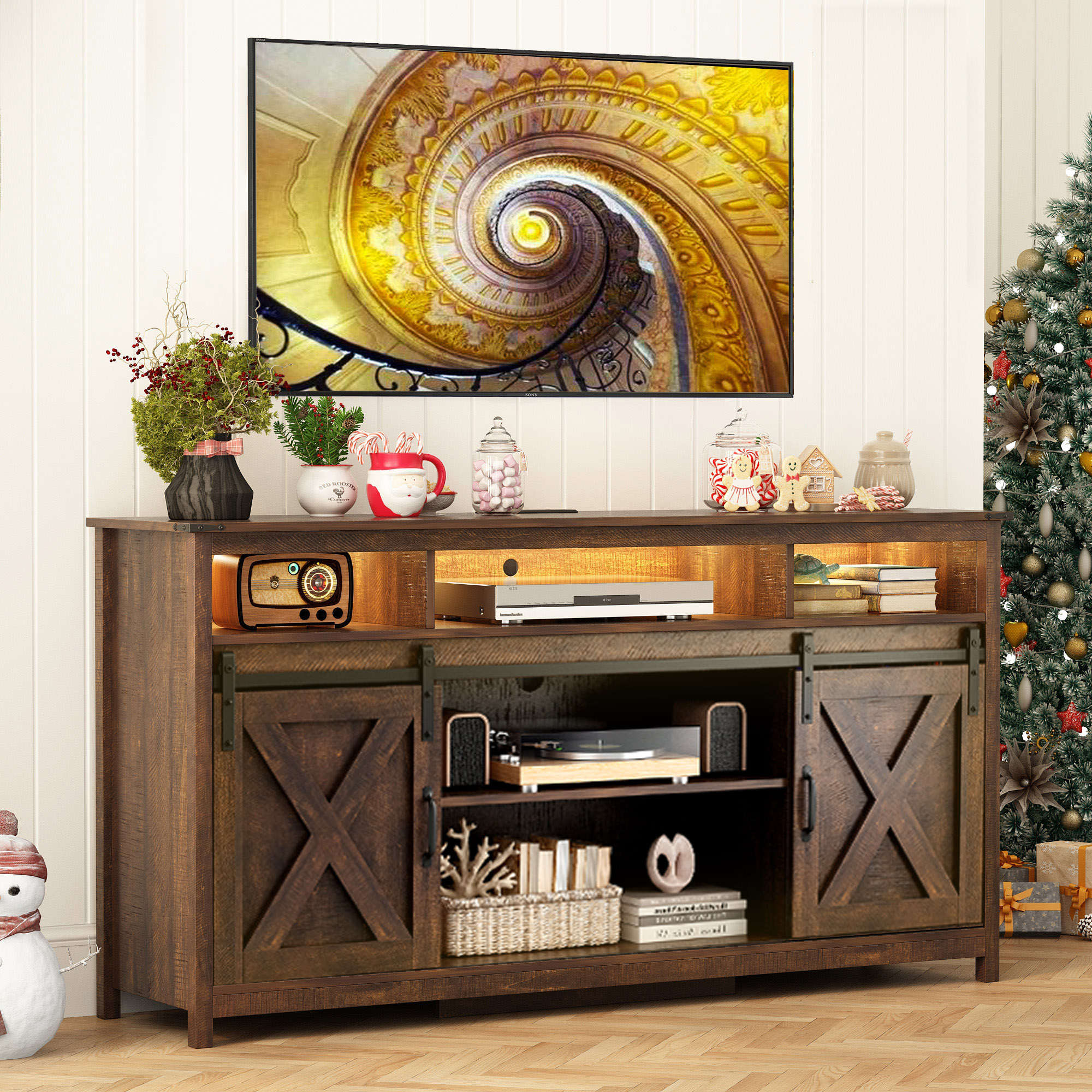 Farmhouse TV Stand for 65" 70" TVs with LED Light/Outlets USB Ports, 61" Large Entertainment Center with Sliding Barn Door & 4 Tier Storage