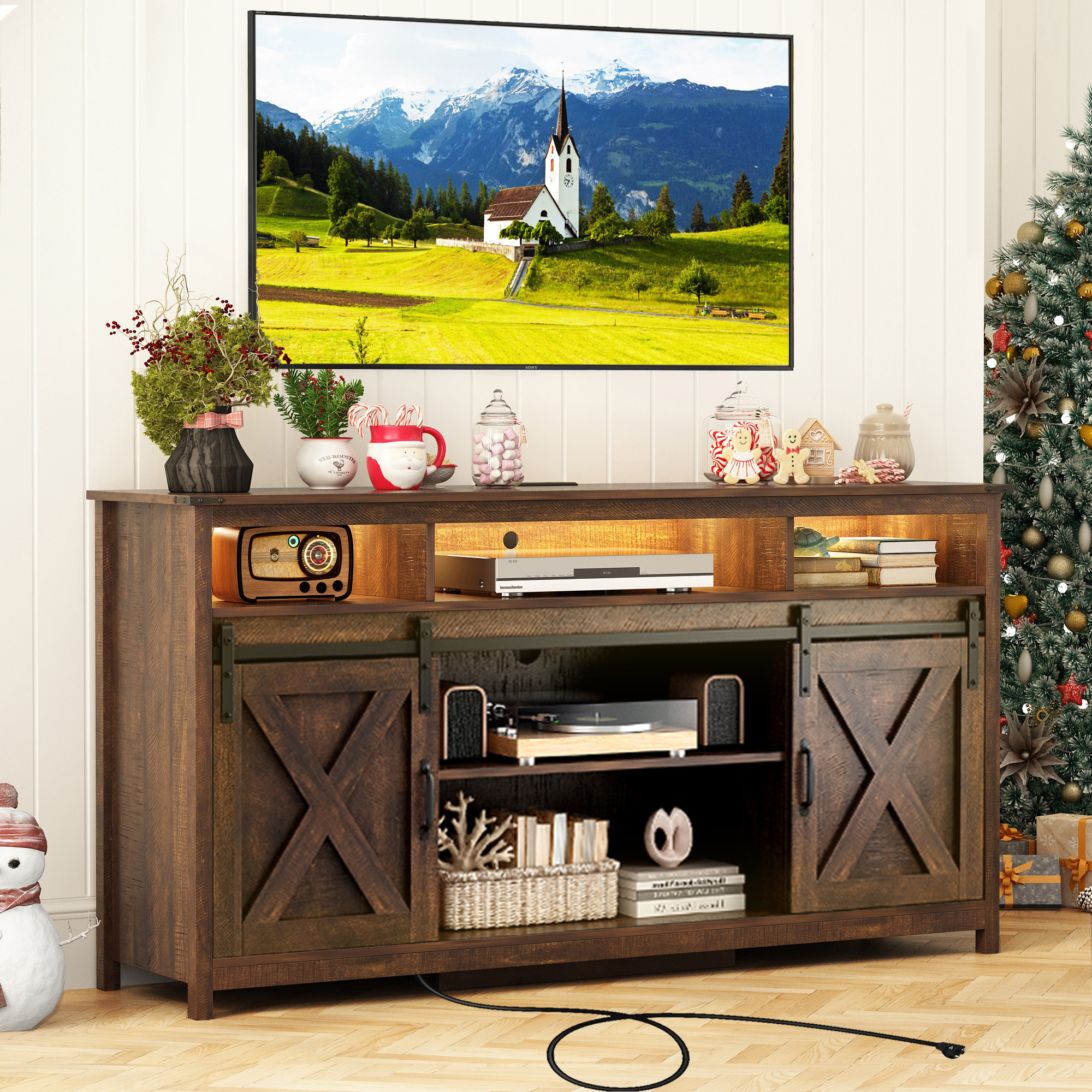 Farmhouse TV Stand for 65" 70" TVs with LED Light/Outlets USB Ports, 61" Large Entertainment Center with Sliding Barn Door & 4 Tier Storage