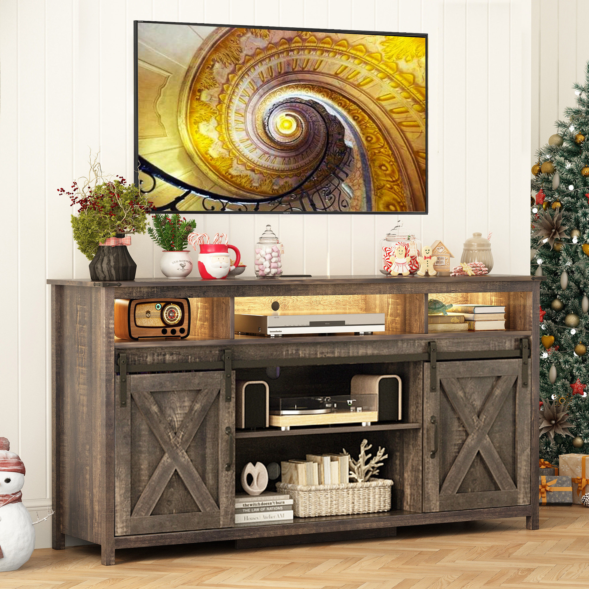 Farmhouse TV Stand for 65" 70" TVs with LED Light/Outlets USB Ports, 61" Large Entertainment Center with Sliding Barn Door & 4 Tier Storage