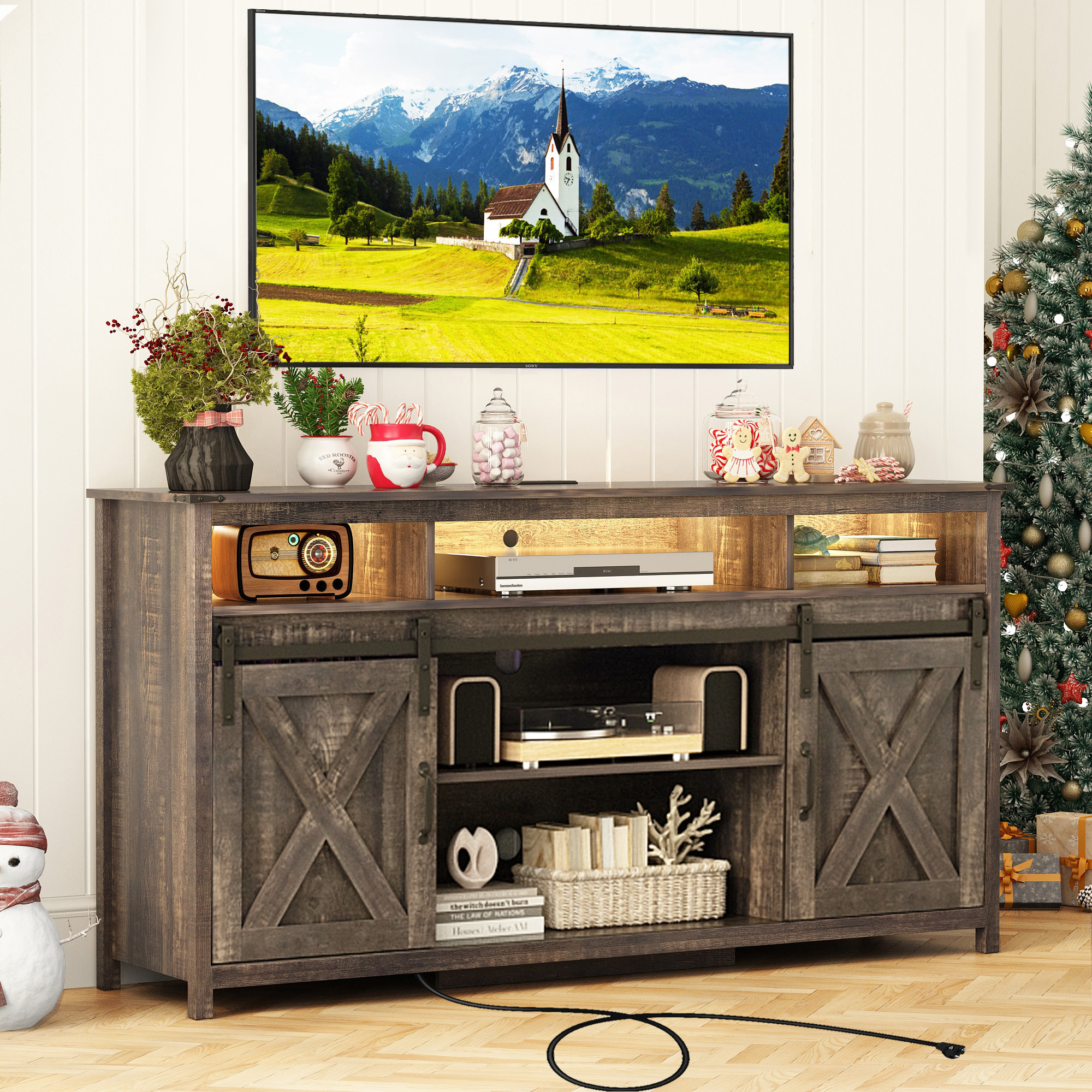 Farmhouse TV Stand for 65" 70" TVs with LED Light/Outlets USB Ports, 61" Large Entertainment Center with Sliding Barn Door & 4 Tier Storage