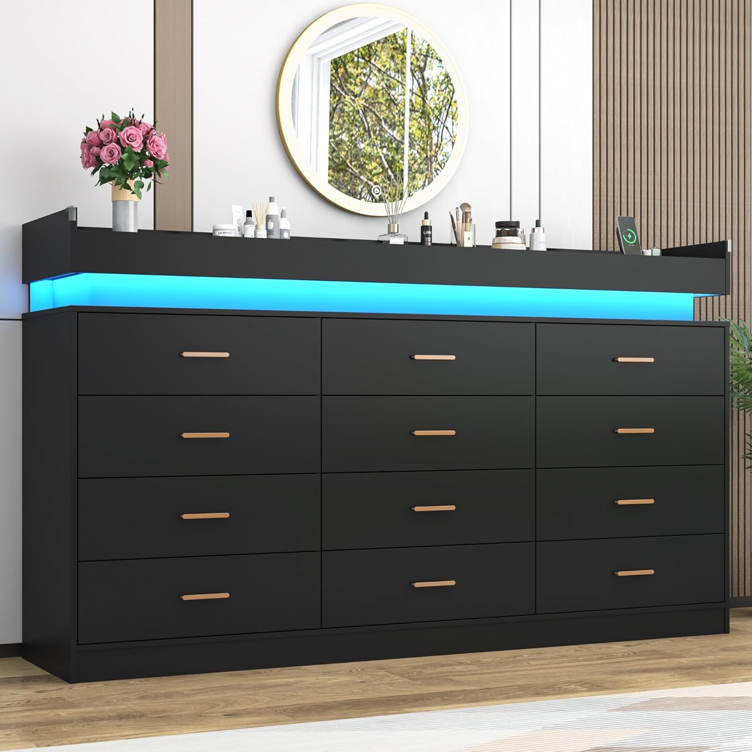 ChVans 12 Drawer Dresser with LED Lights and Charging Station, 70" Wide wood Chest of Drawers and Metal Handles, 45.7" Tall drawers dresser for bedroom, Living Room, Entryway, Hallway