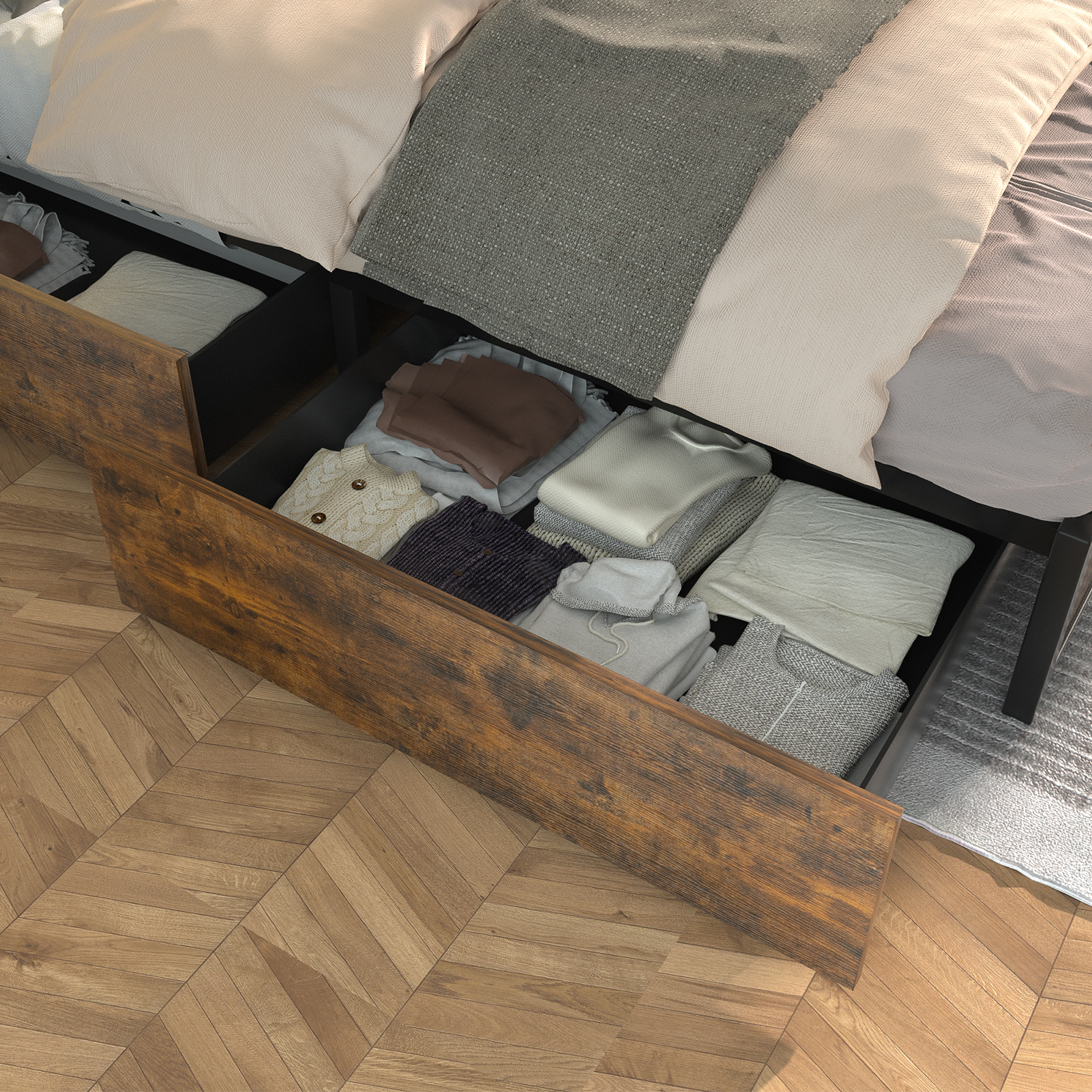 LED Bed Frame Full Size with 2 USB Ports and Outlets, Platform Metal Bed Frame with 4 Storage Drawers and Headboard, No Box Spring Needed, Noise-Free(Vintage Brown-FULL)