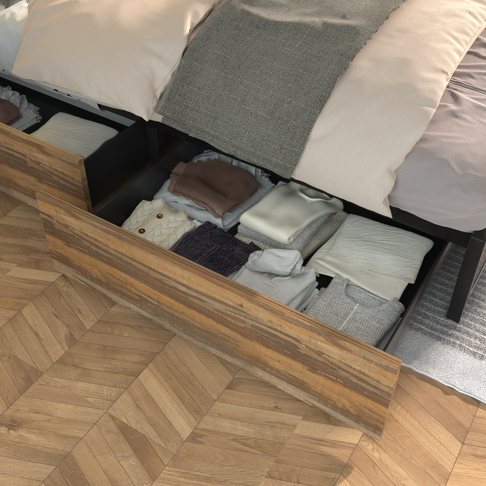 LED Bed Frame Full Size with 2 USB Ports and Outlets, Platform Metal Bed Frame with 4 Storage Drawers and Headboard, No Box Spring Needed, Noise-Free(Vintage Brown-FULL)