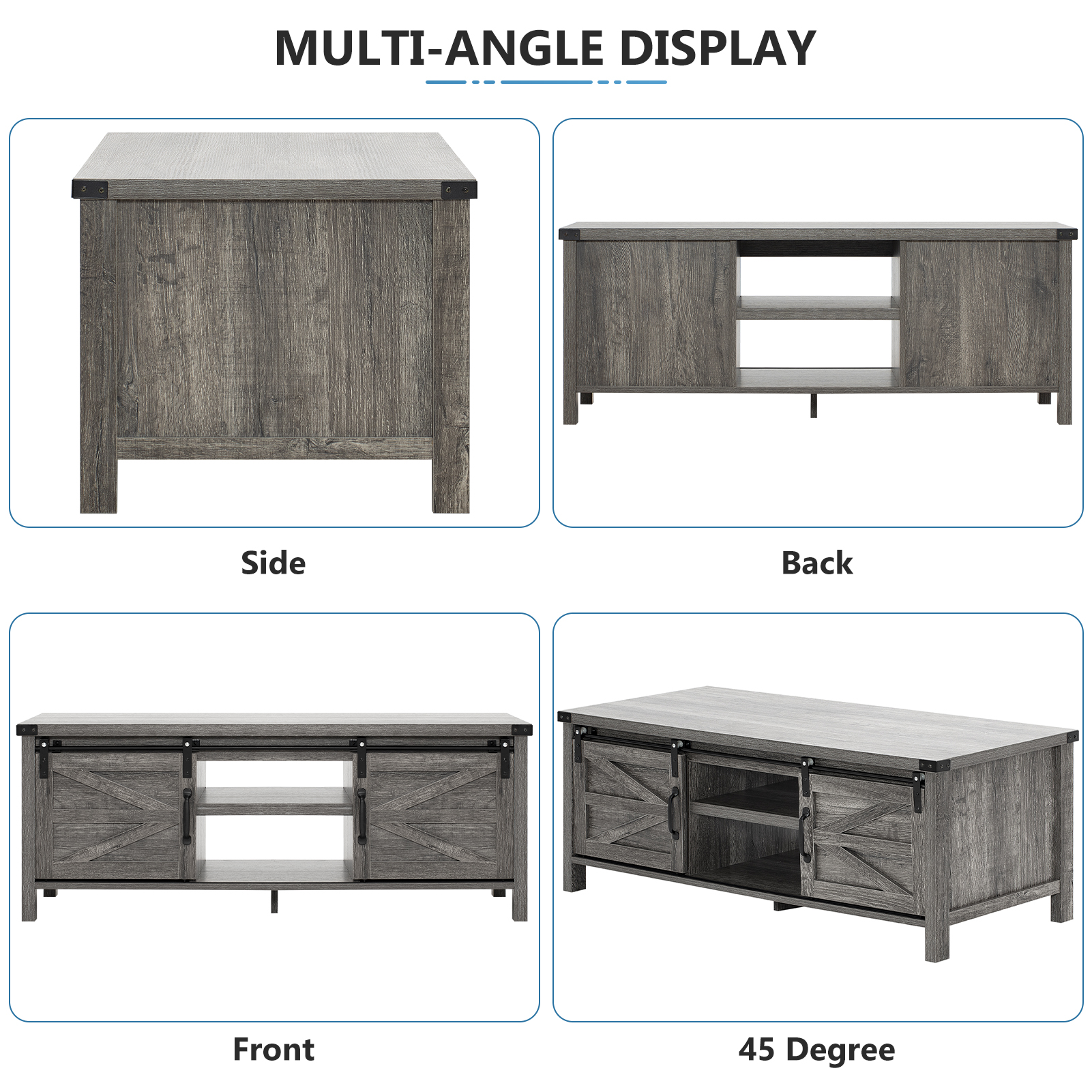 48" Modern Farmhouse Coffee Table with Adjustable Storage Cabinets Shelves, Modern Coffee Table for Living Room with Sliding Barn Door