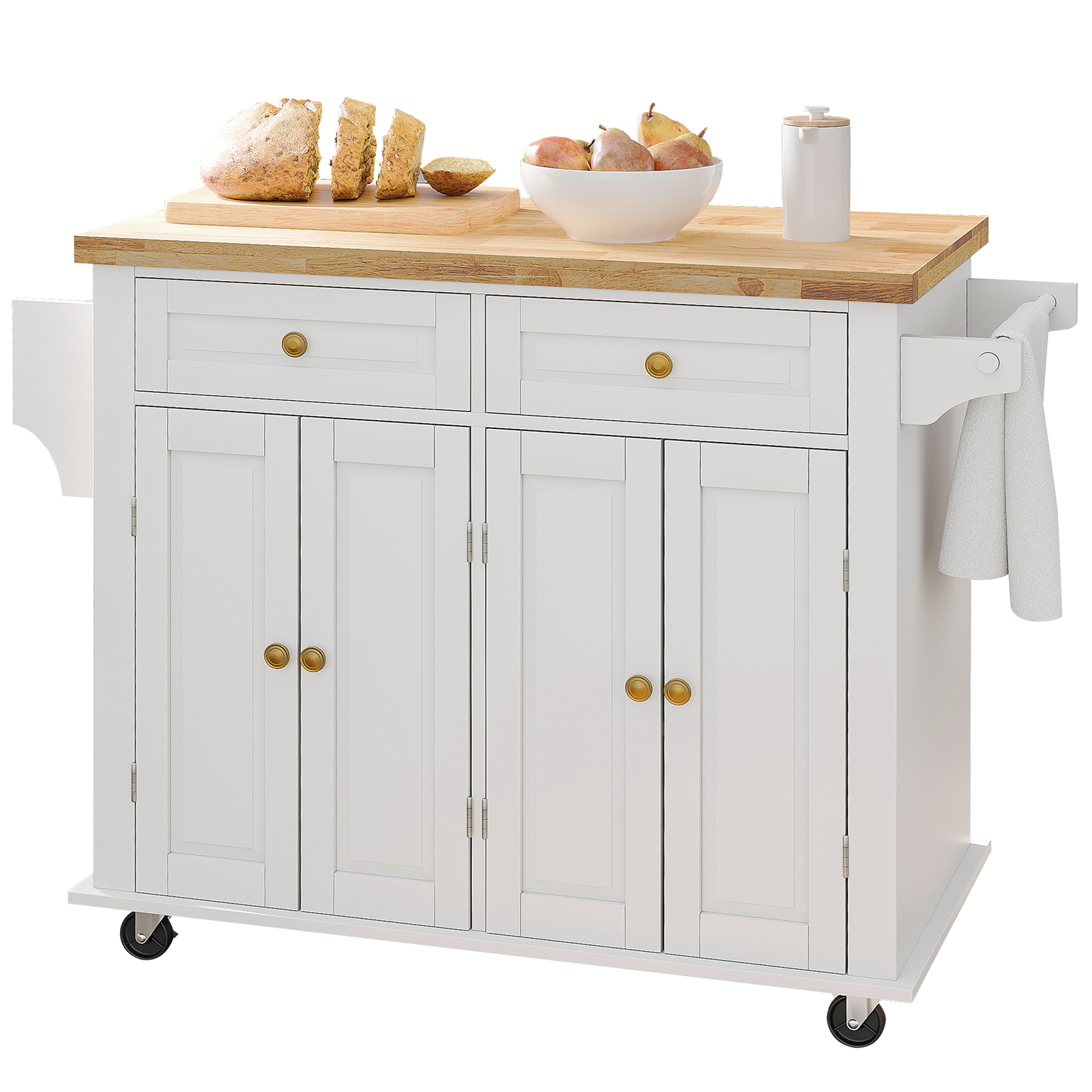 CAIDI Rolling Kitchen Island, Kitchen Cart with Rubber wood Countertop, Lockable Casters, Adjustable Shelves, Matte