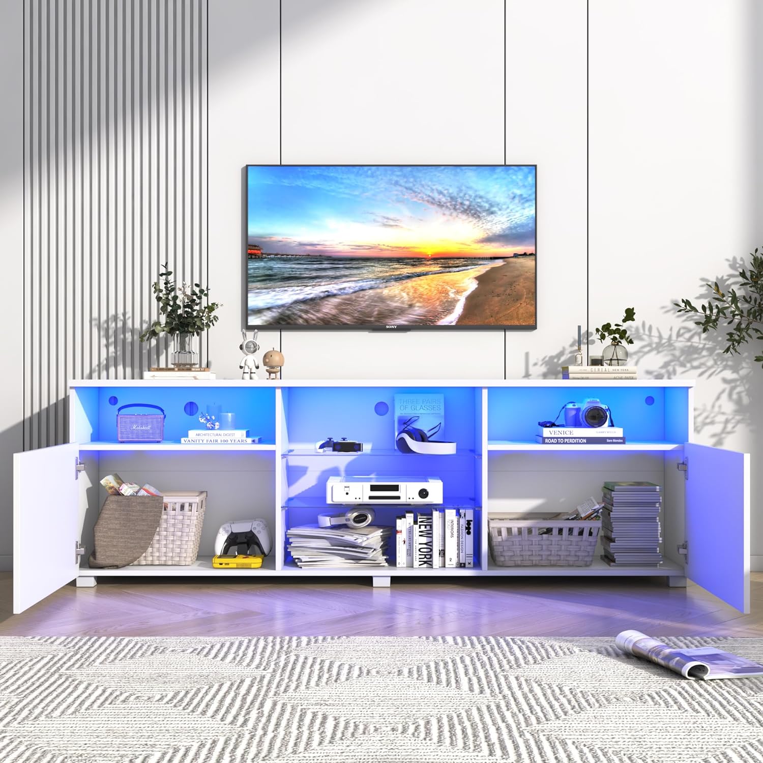 ChVans LED TV Stand for 70/75/80 inch, High Glass Modern Entertainment Center with LED Lights and Glossy Cabinets