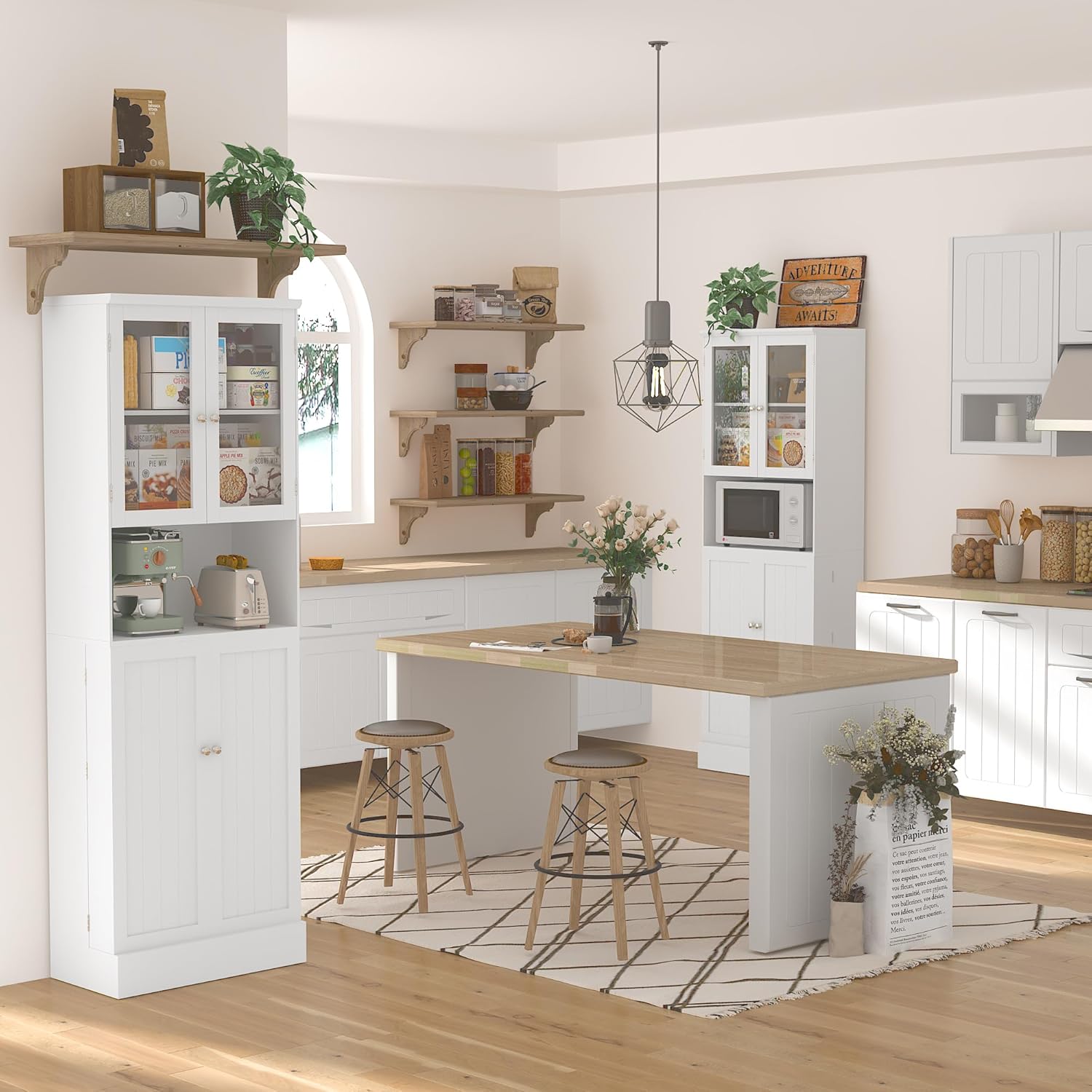 ChVans 71" Tall Pantry Cabinet, Storage Cabinet with Glass Doors and Microwave Stand, Freestanding Kitchen Hutch Food Pantry Cabinet with Adjustable Shelves for Kitchen Dining, Living Room