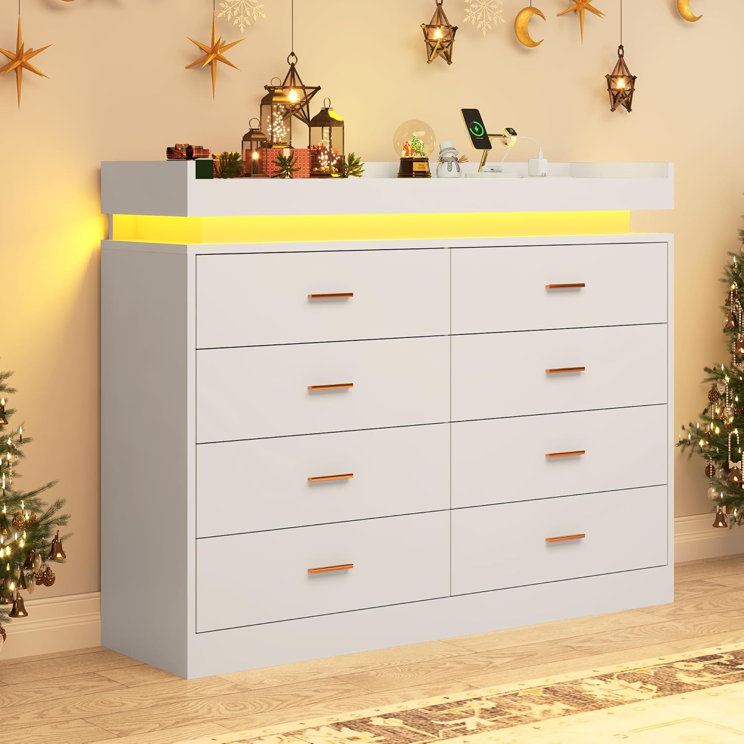 ANPOO 8 Drawer Dresser with Charging Station and LED Lights, Modern Wood Dresser with Wide Drawers and Metal Handles for Bedroom, Living Room