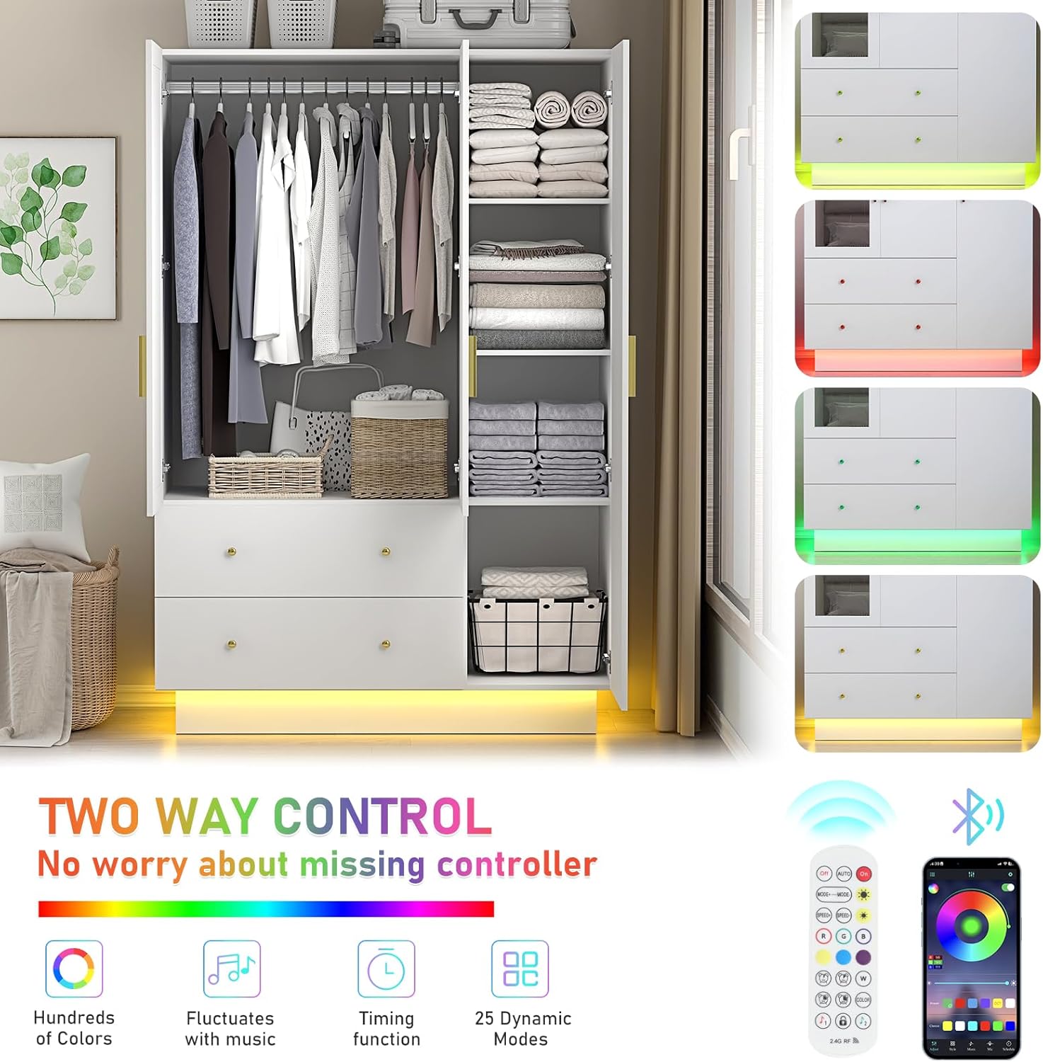 3 Doors Armoire Wardrobe Closet with Mirror and LED Lights, Armoire with Doors and Drawers, Modern Wooden Armoire Wardrobe Closet with Hanging Rod for Bedroom