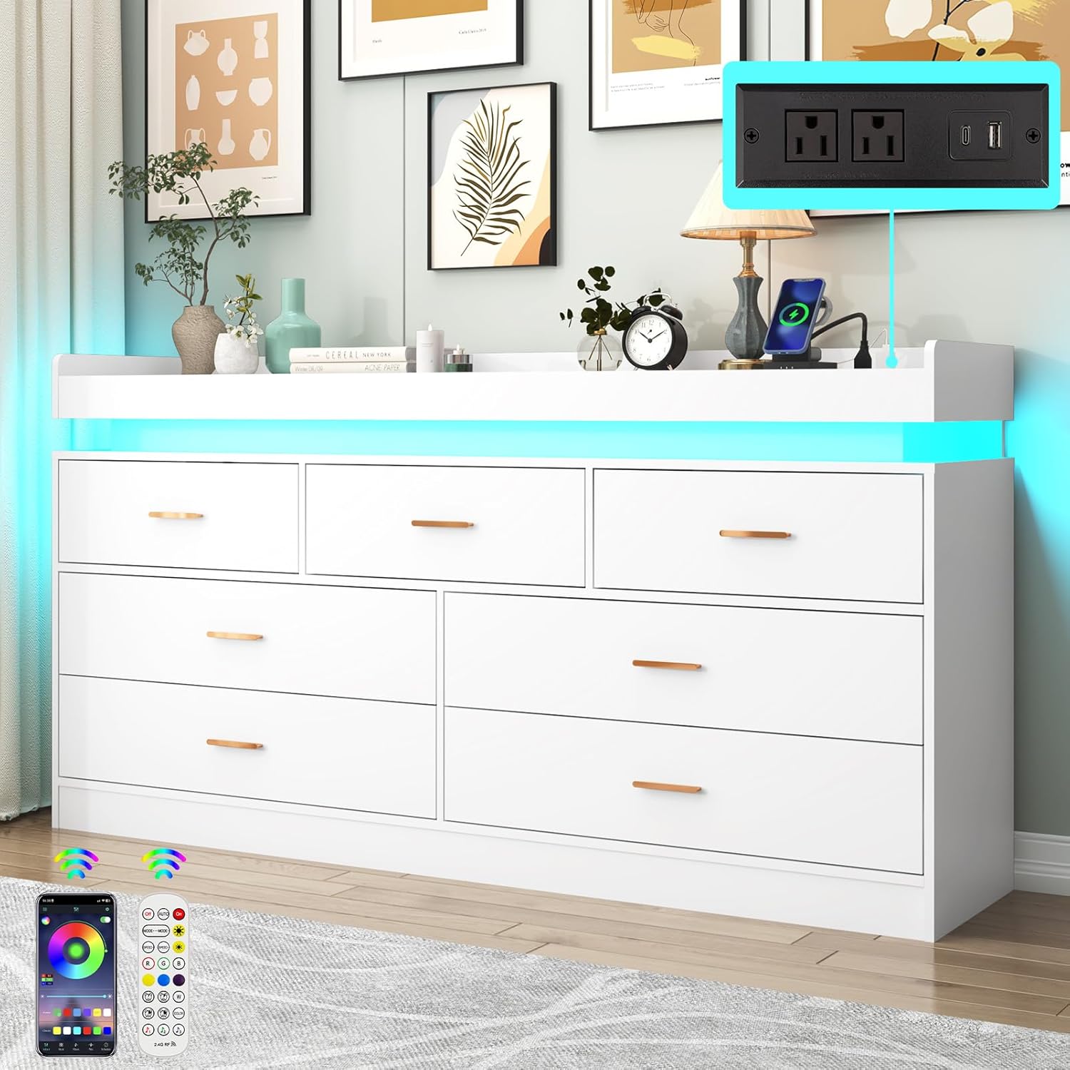 ChVans White Dresser with LED Light and Charging Station, Modern Wood Dresser with Wide Drawers and Metal Handles, 7 drawer dresser for Bedroom, Living Room, Entryway, Hallway