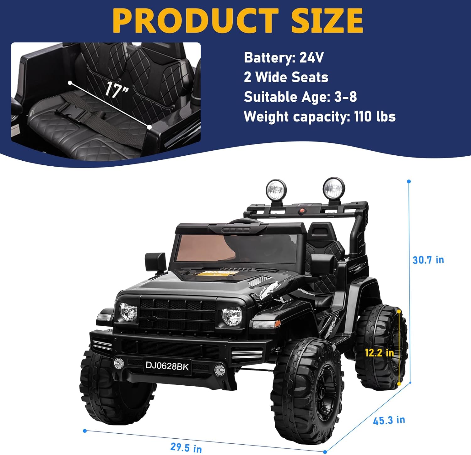 24V Kids Electric Ride on Car, 2-Seat Battery Powered Toy with LED Lights and Remote Control, Battery Powered Wheels Truck with USB Ports, MP3 Player, for Boys, Girls