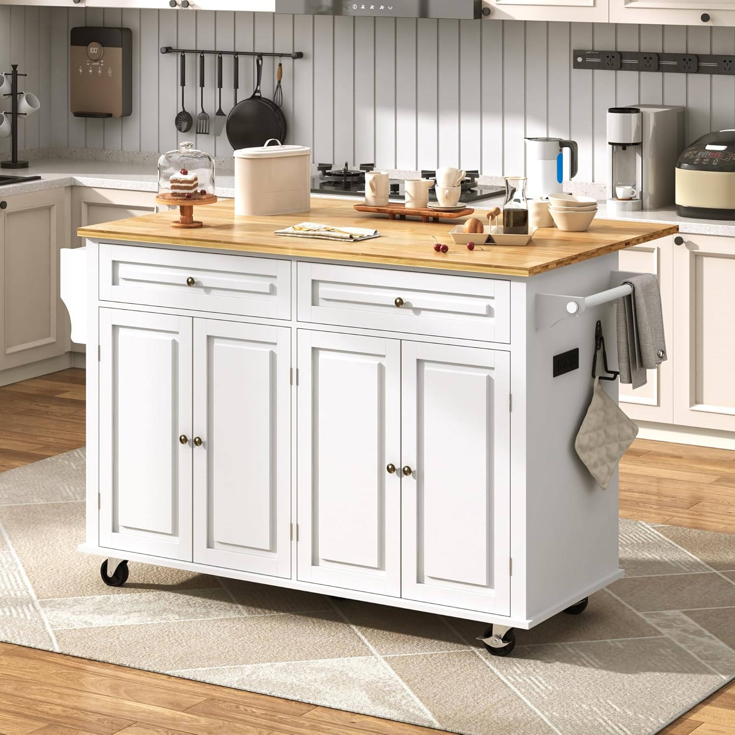 ChVans 59" W Kitchen Island with Drop Leaf, Rolling Kitchen Cart with Storage on Wheels, Large Island Table for Kitchen with Rubber Wood Top and Rack and Drawer