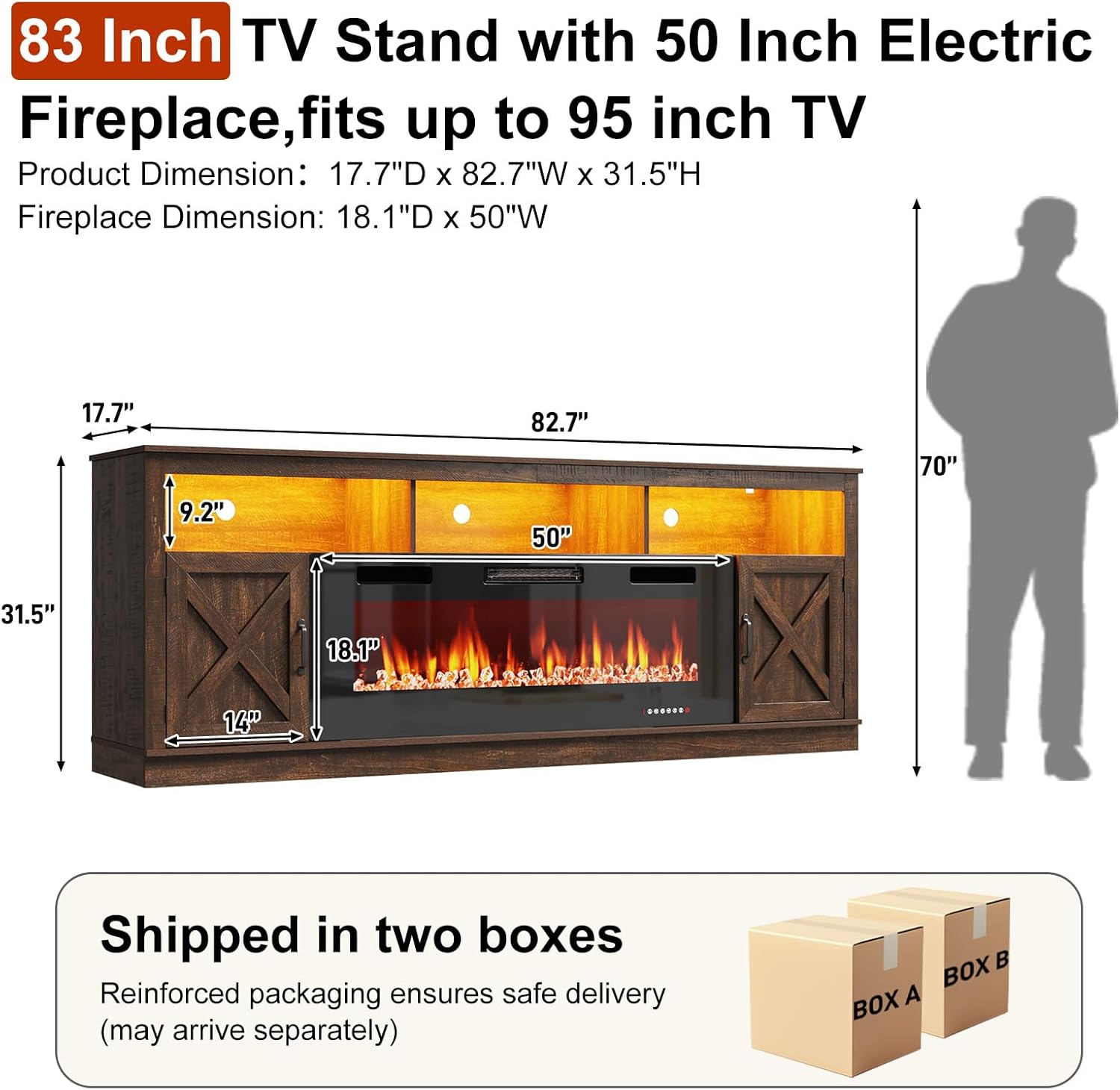 ChVans 83" Fireplace TV Stand for TVs up to 95" with 50" Electric Fireplace, Farmhouse Entertainment Center with LED, Wooden Media Console for Living Room, Bedroom
