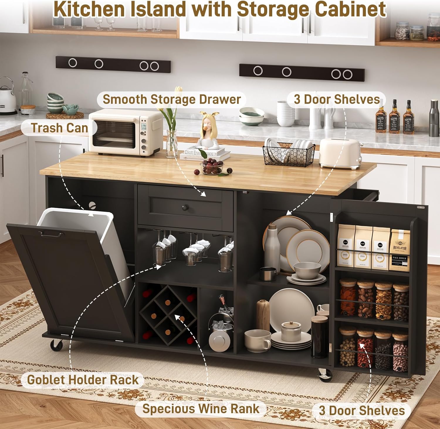 ChVans 59" Kitchen Island On Wheels, Rolling Kitchen Island Cart with Drop Leaf Countertop, Portable Mobile Kitchen Island with Towel Rack, Spice Rack Shelf and Lockable Wheels