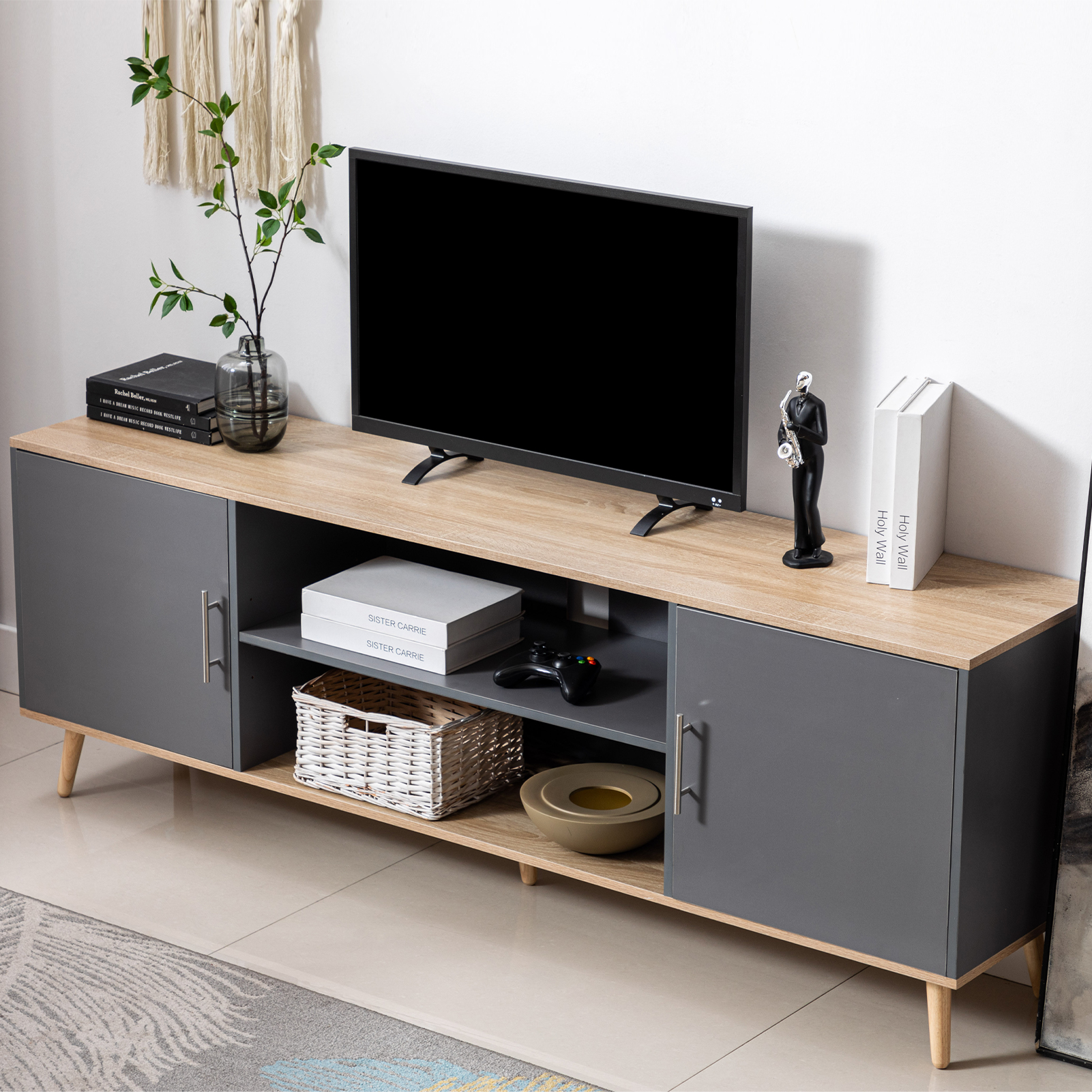 ChVans 70 Inch Mid Century Modern TV Stand for TVs up to 75 inches, Wood TV Stand with Storage, Entertainment Center for Living Room Bedroom, TV Media Console