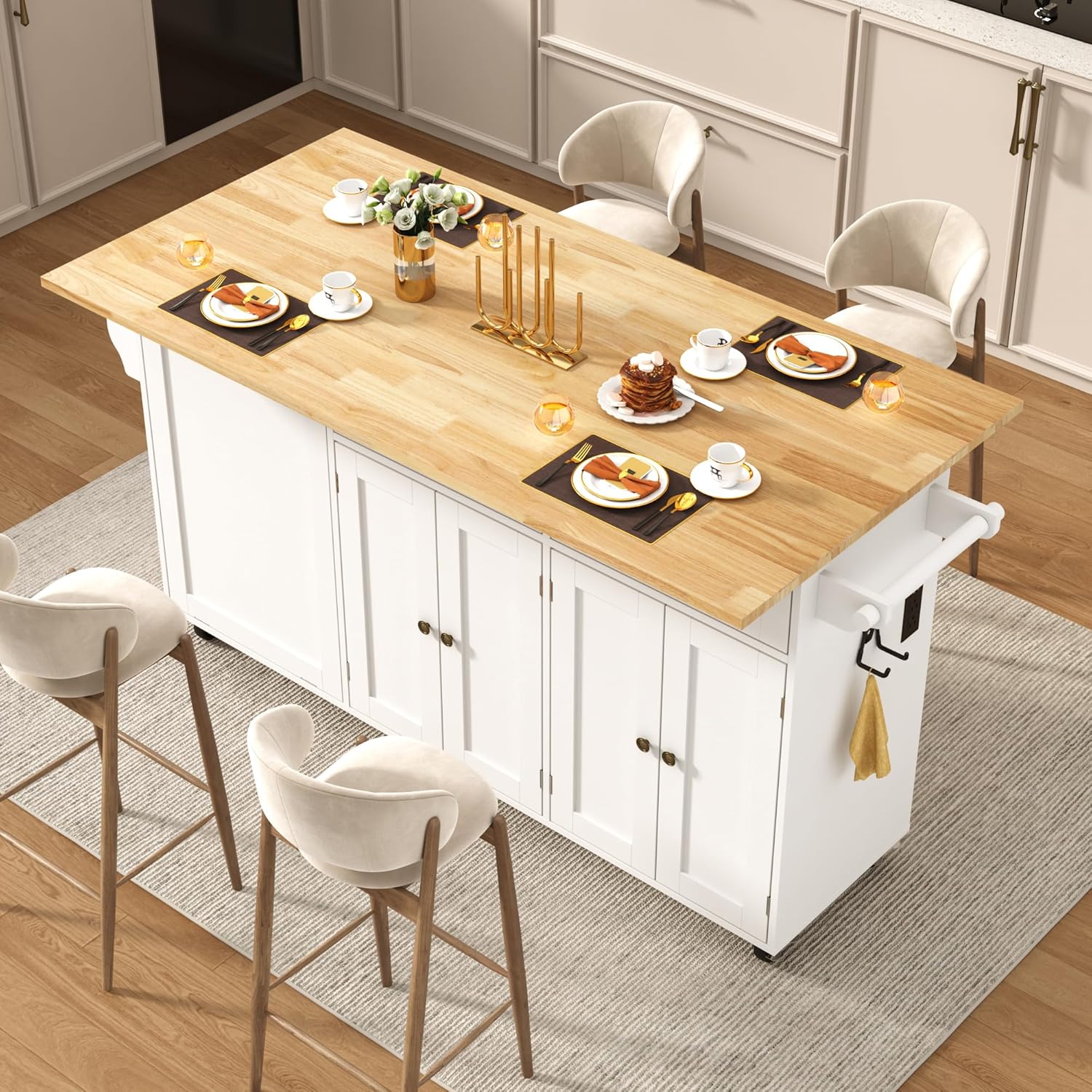 ANPOO 67" Rolling Kitchen Island with Drop Leaf, Tilt Out Kitchen Trash Cabinet 10 Gallon Storage, Kitchen Cart Island with Rubber wood Top, Spice Rack and Drawers