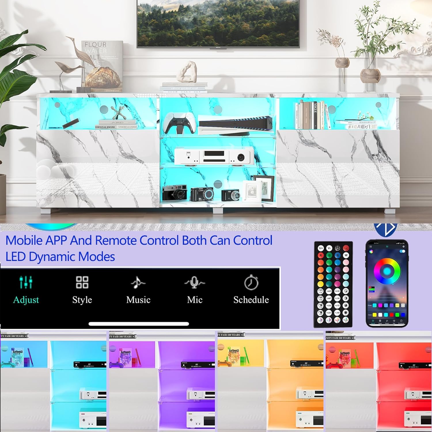 ANPOO LED TV Stand for 70/75/80 inch TV, High Glossy Entertainment Center with Drawer and Led Lights, Media Console for Living Game Room Bedroom